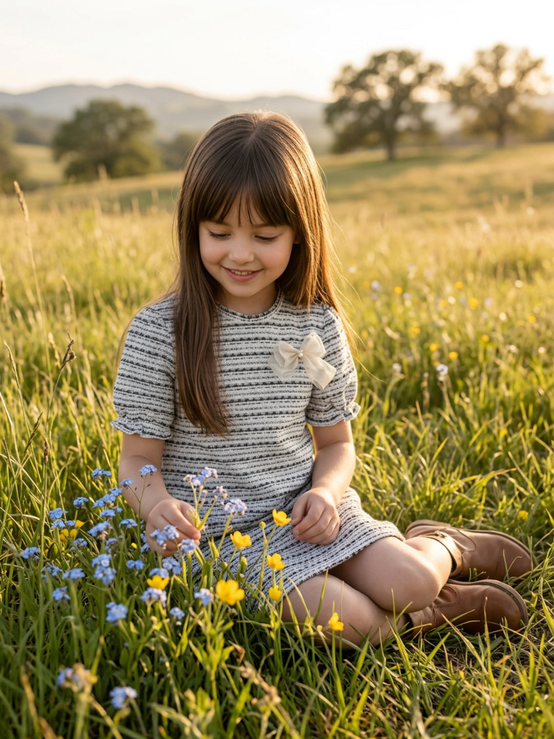 Blue Giraffe Girls White Jacquard Dress