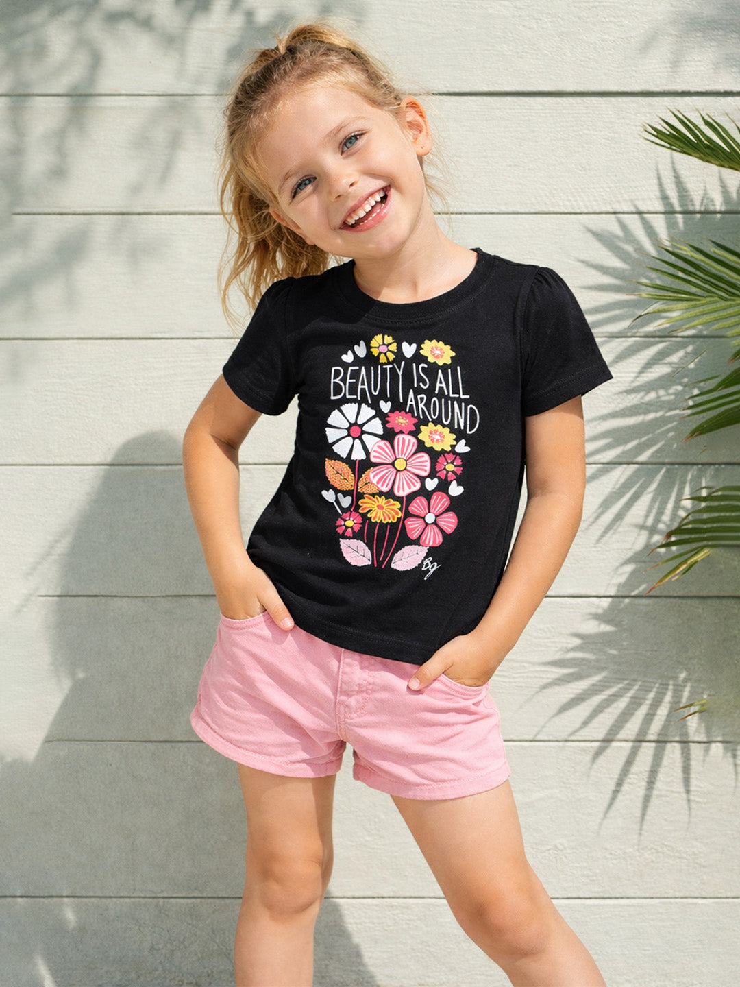 Blue Giraffe Girls Black Printed Regular Fit Pure Cotton T-Shirt