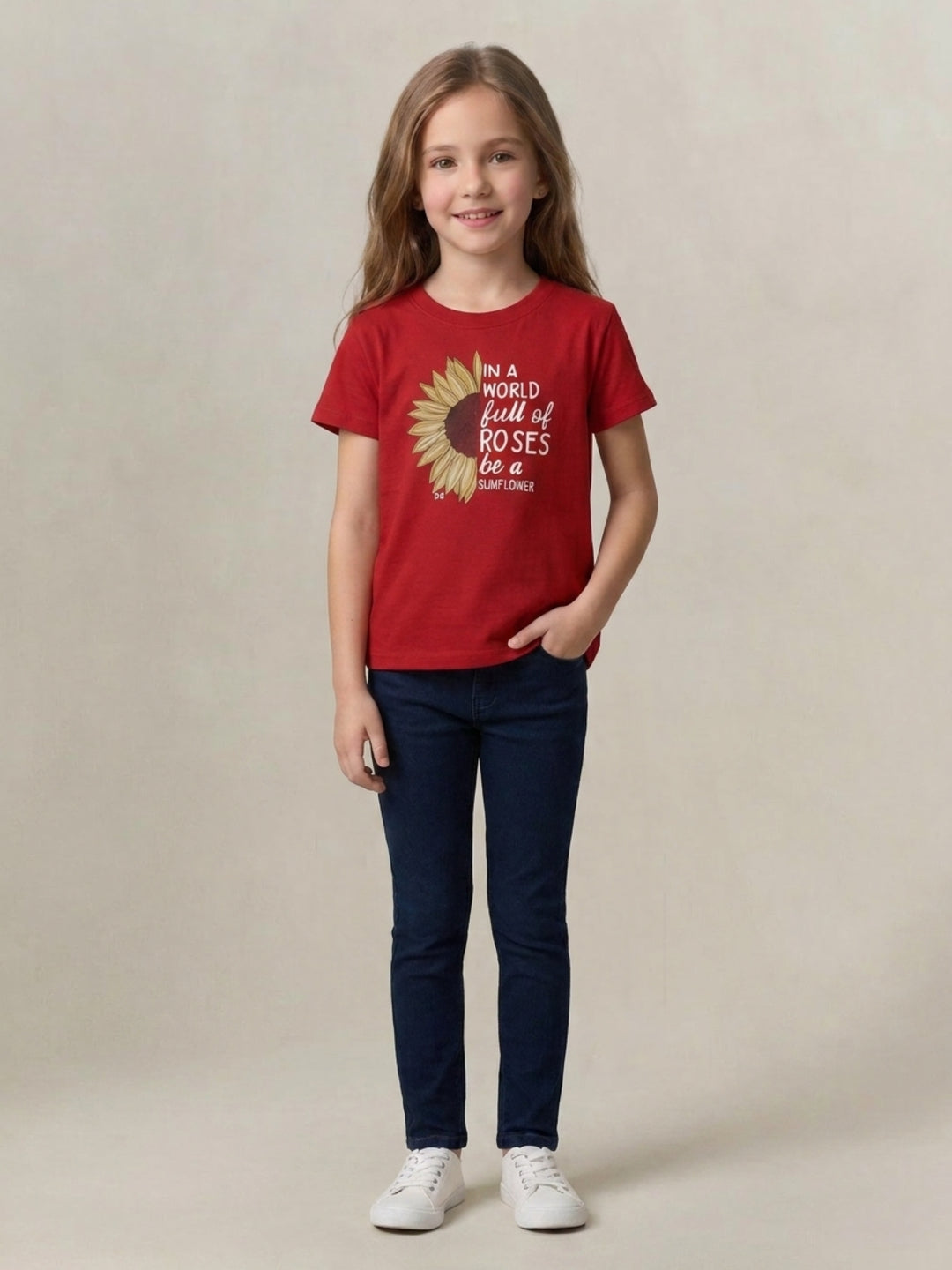 Blue Giraffe Girls Red Printed Pure Cotton T-Shirt