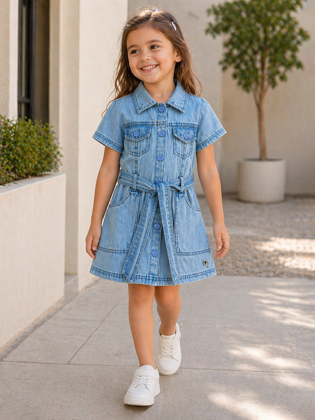 Blue Giraffe Girls Blue Solid A-Line Fit Pure Cotton Dress