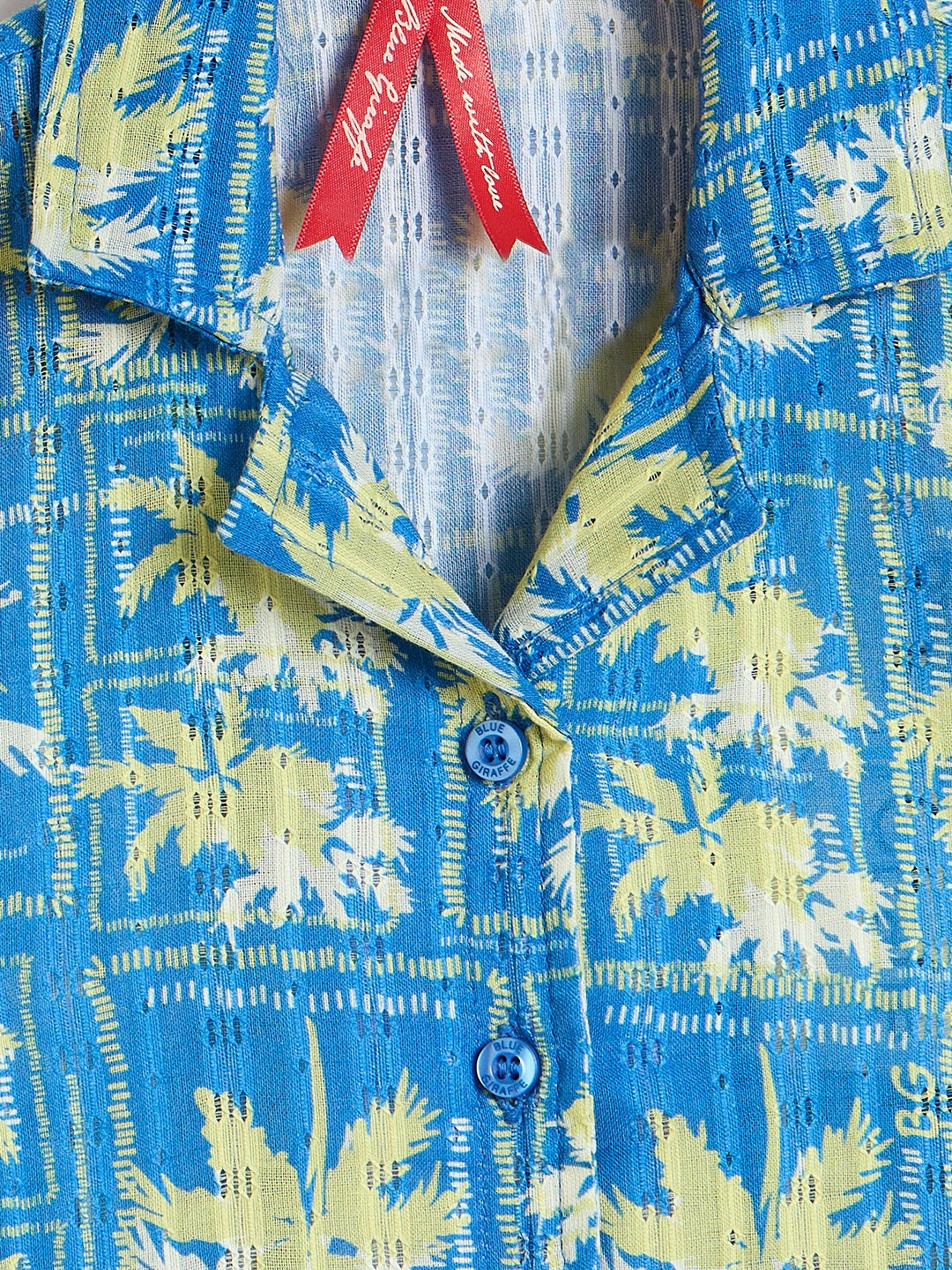 Blue Giraffe Girls Marine Blue Printed Shirt Collar Top