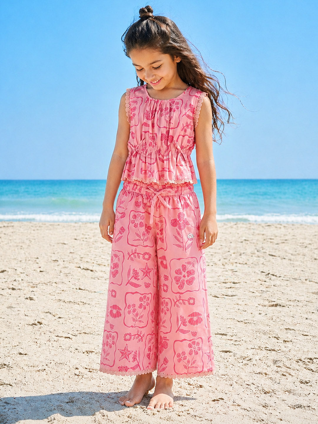 Elle Girls Pink Floral Wide Leg Pure Cotton Trouser