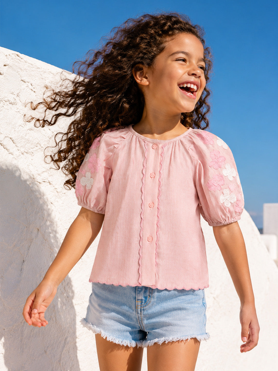 Elle Girls Pink Embroidered Flared Fit Top
