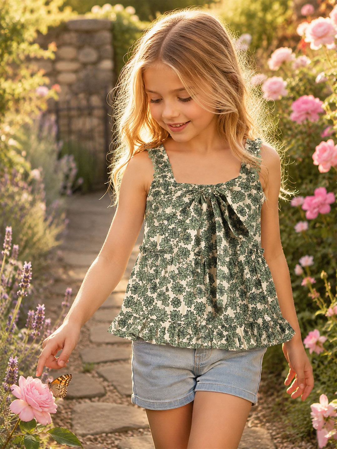 Elle Girls Green Printed Flared Fit Pure Cotton Top