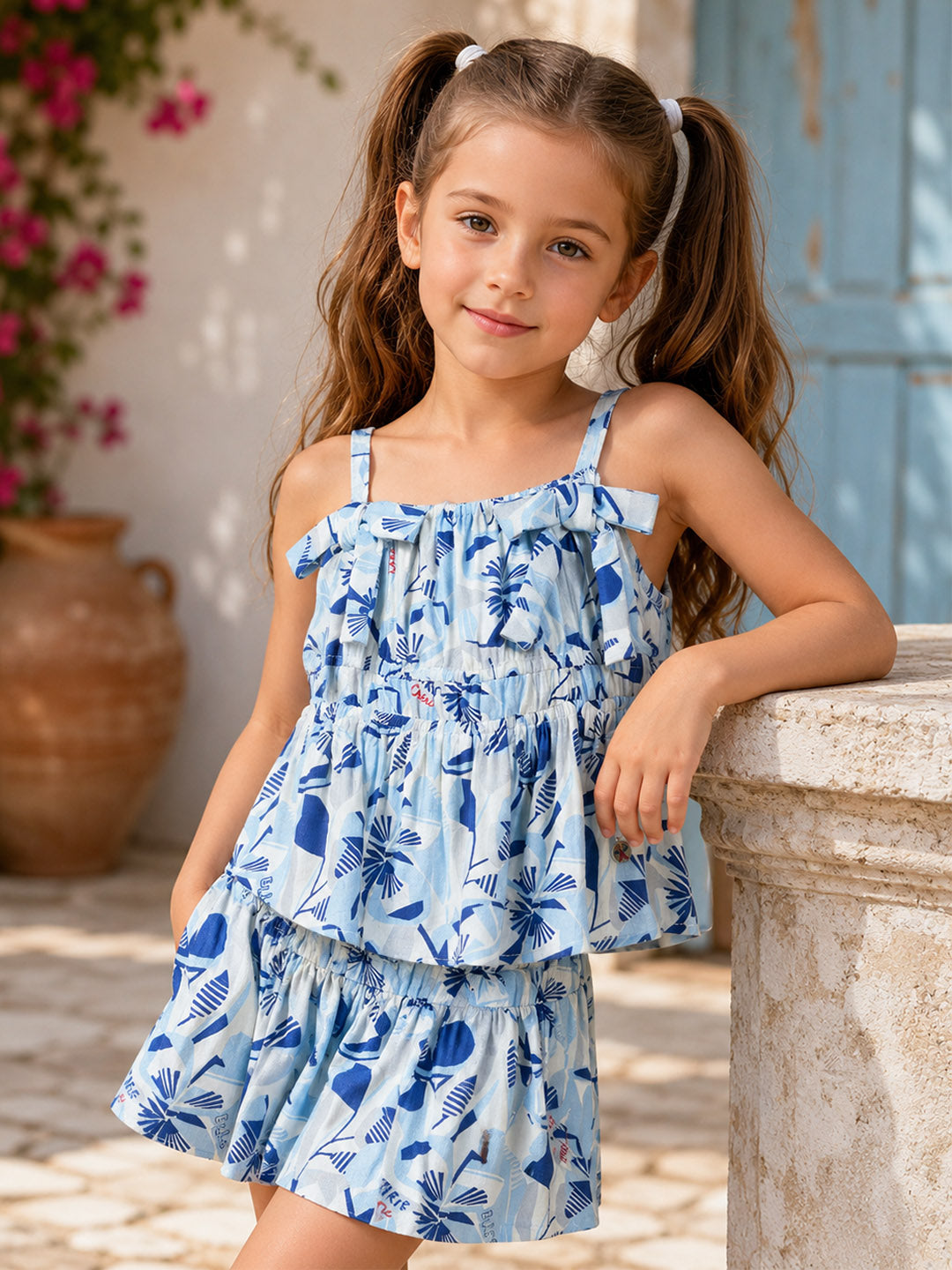 Elle Girls Blue Printed Fit & Flared Top