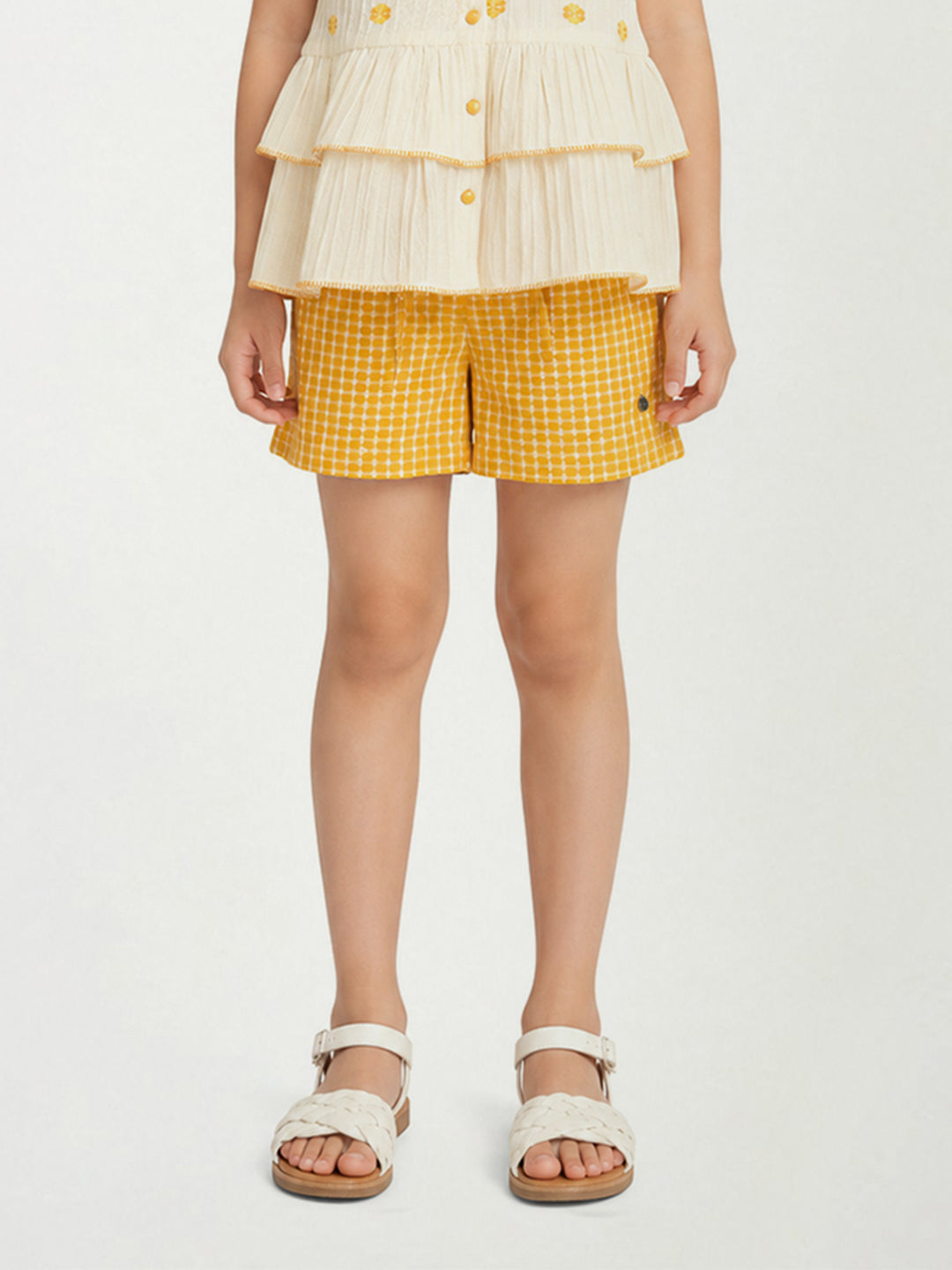 Elle Yellow Cotton Checks Girls Shorts