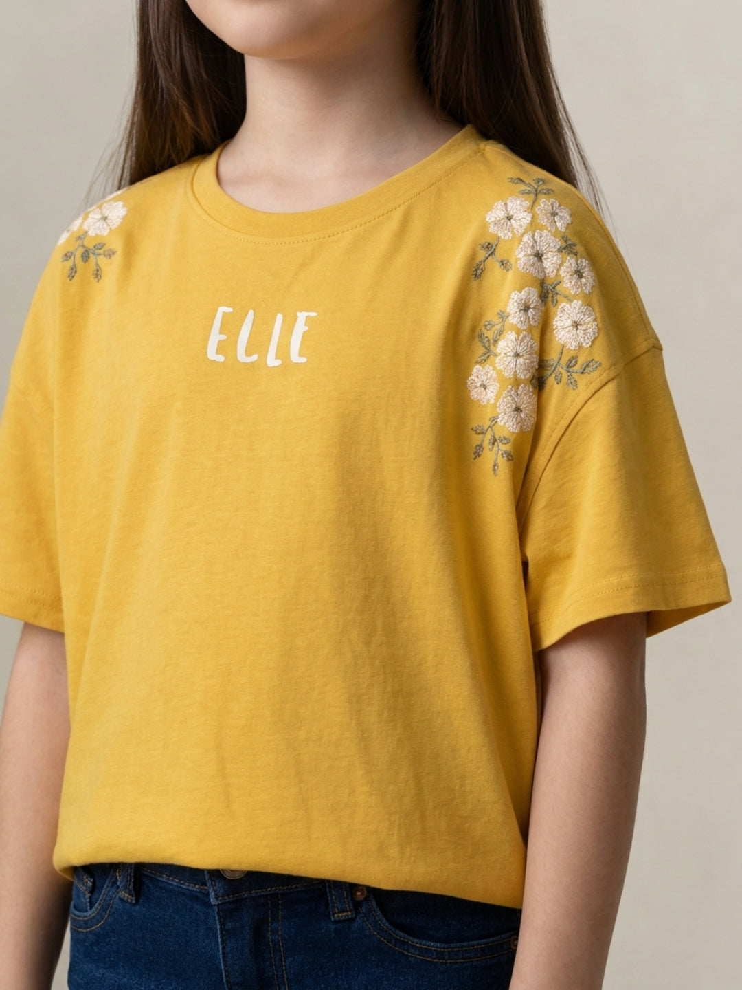 Elle Girls Yellow Printed Pure Cotton T-Shirt