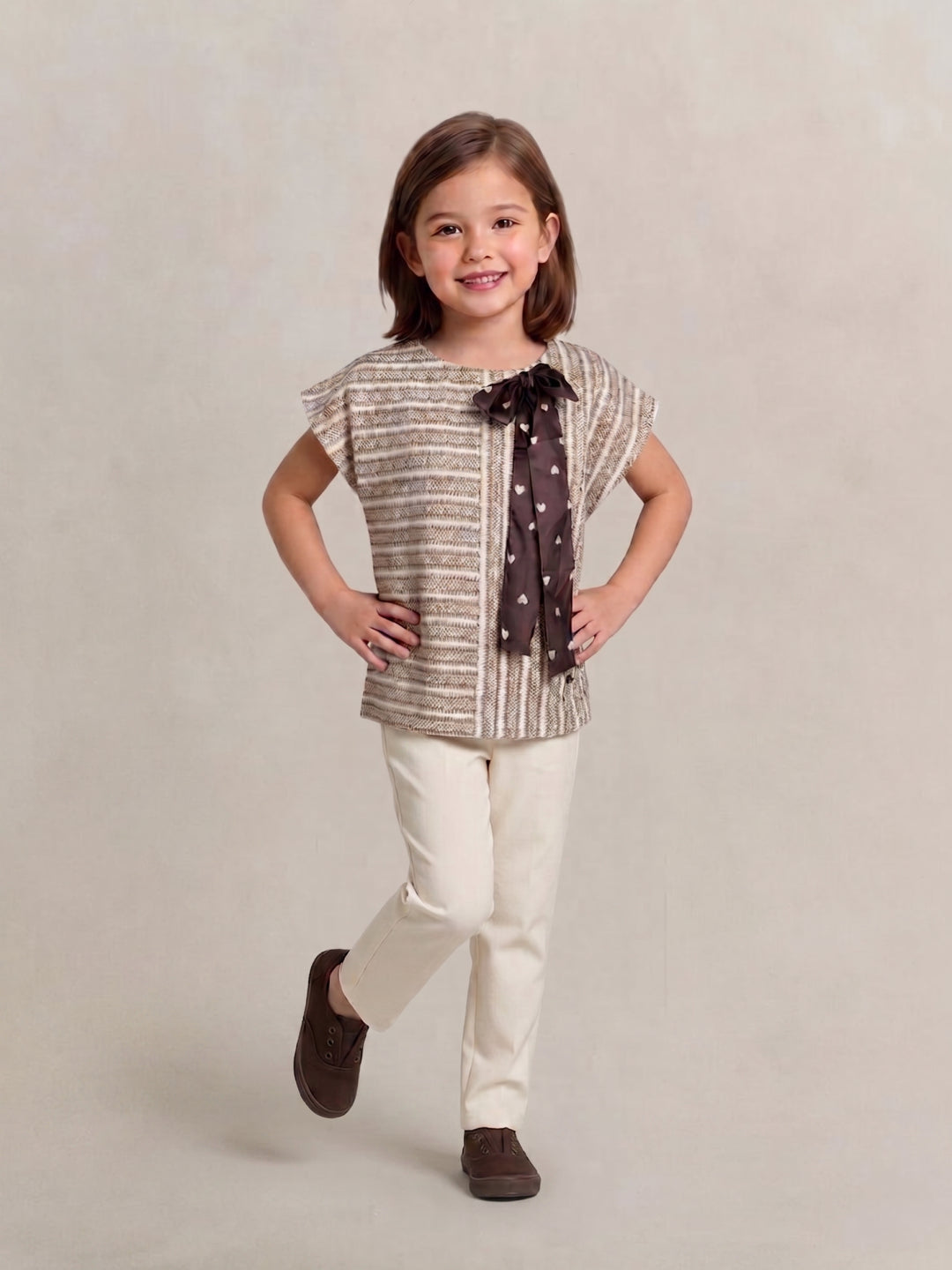 Elle Girls Beige Striped Top
