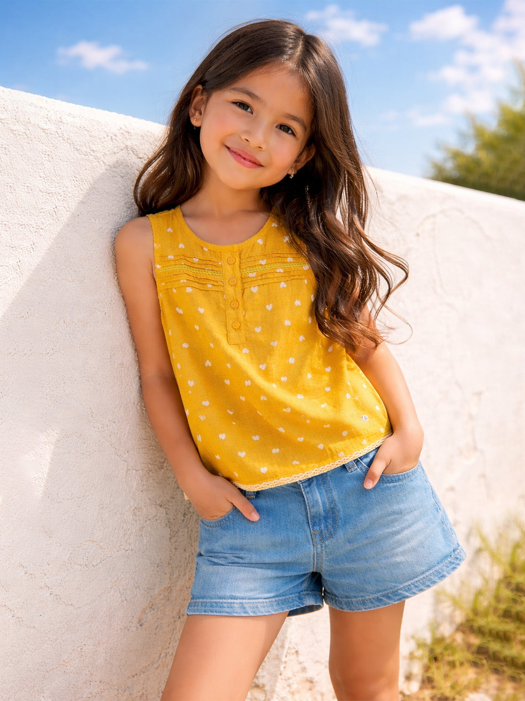 Elle Girls Mustard Yellow Printed A-Line Fit Top