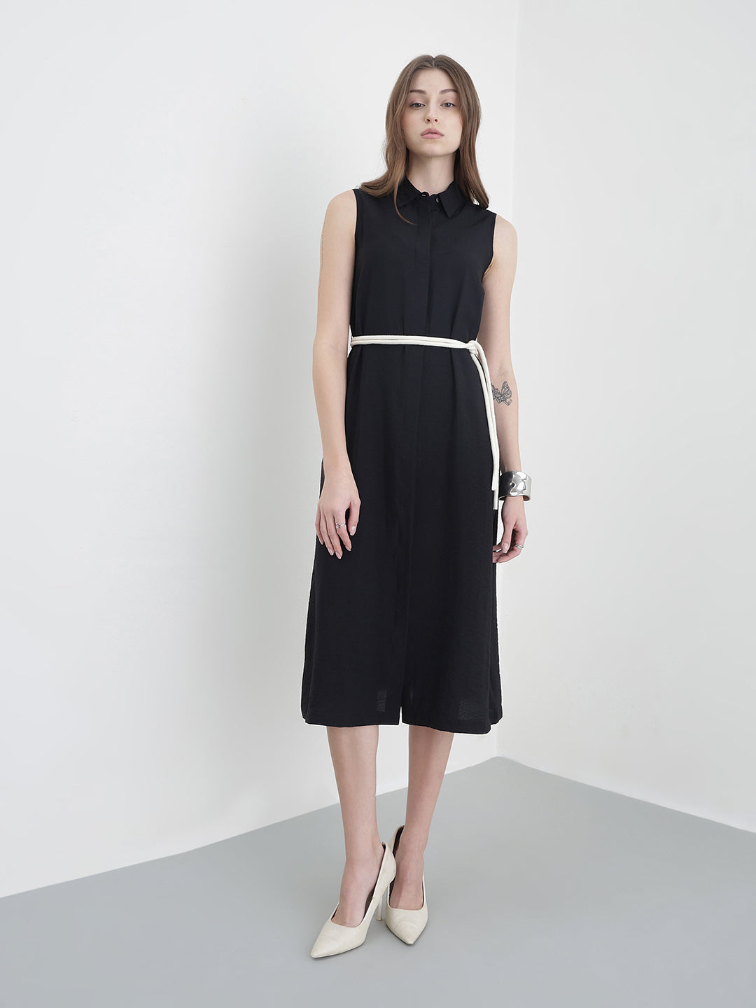 Elle Women Black Solid Relaxed Fit Pure Cotton Dress