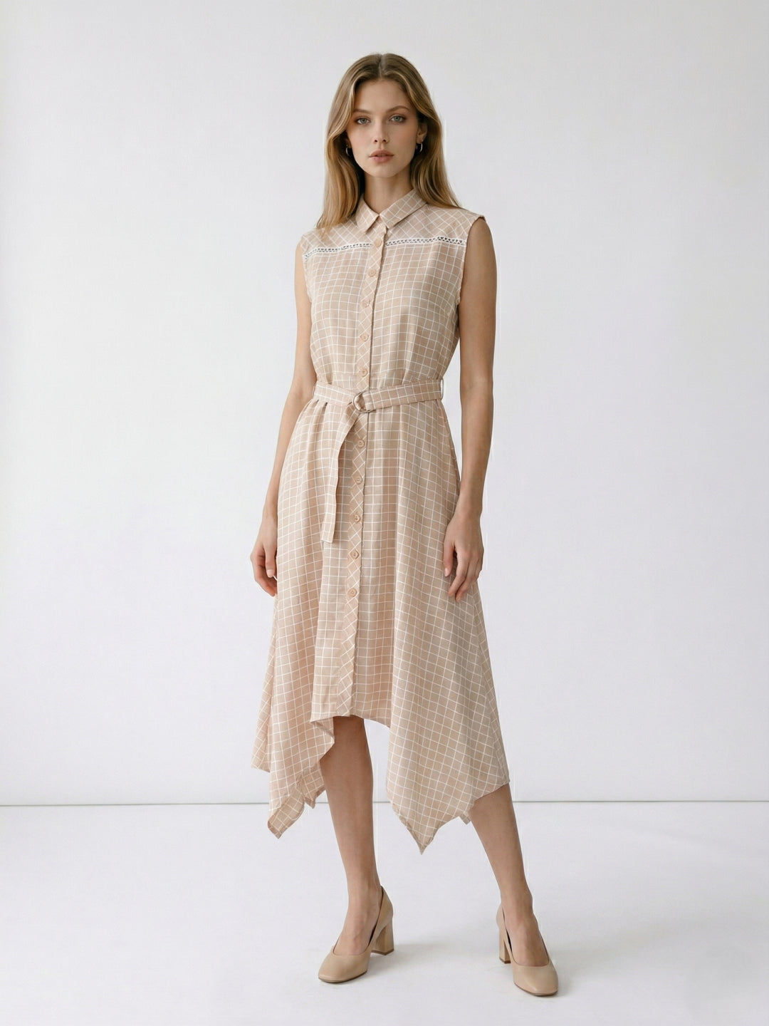 Elle Women Beige Checked Flared Fit Shirt Dress