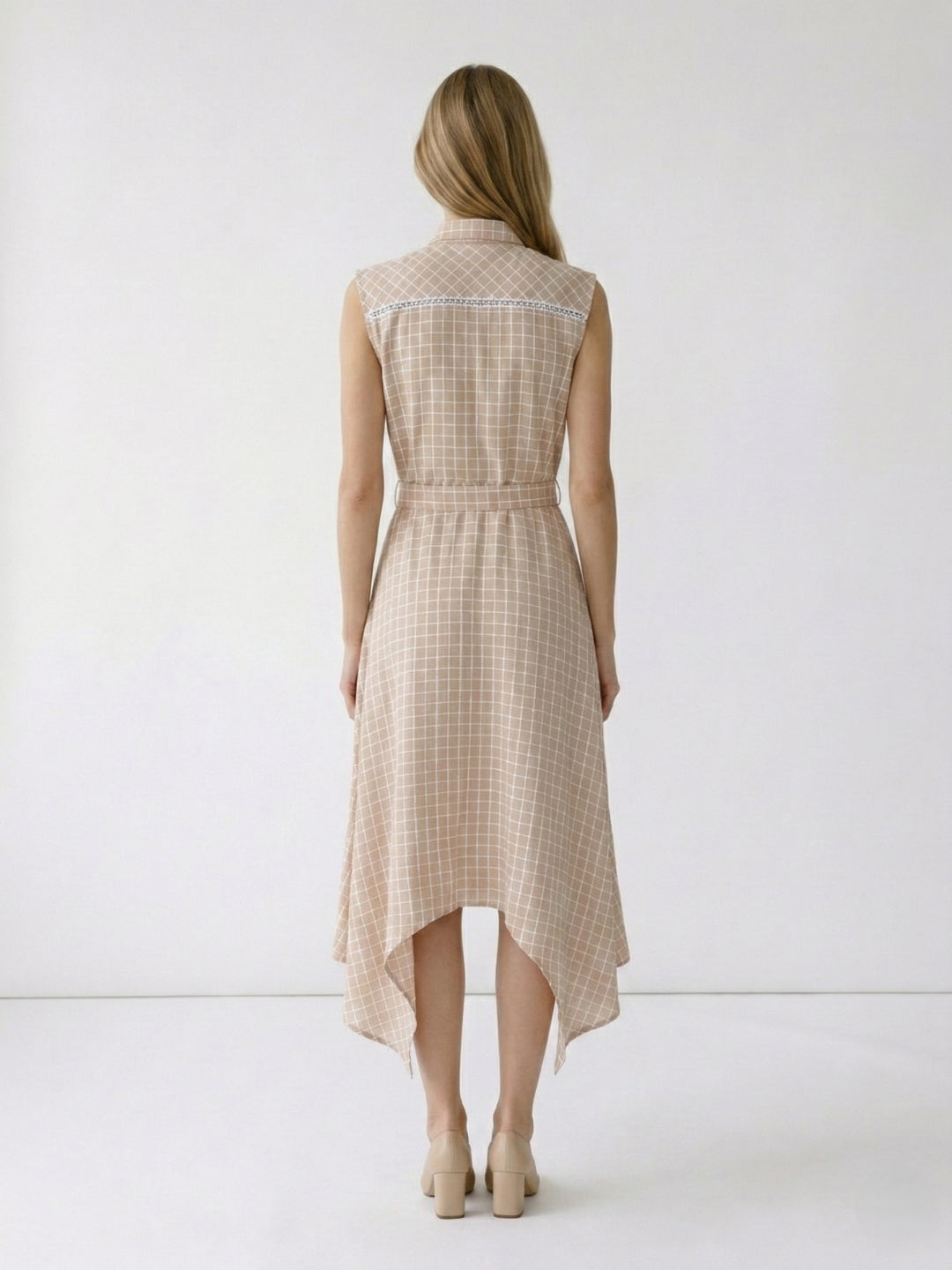 Elle Women Beige Checked Flared Fit Shirt Dress