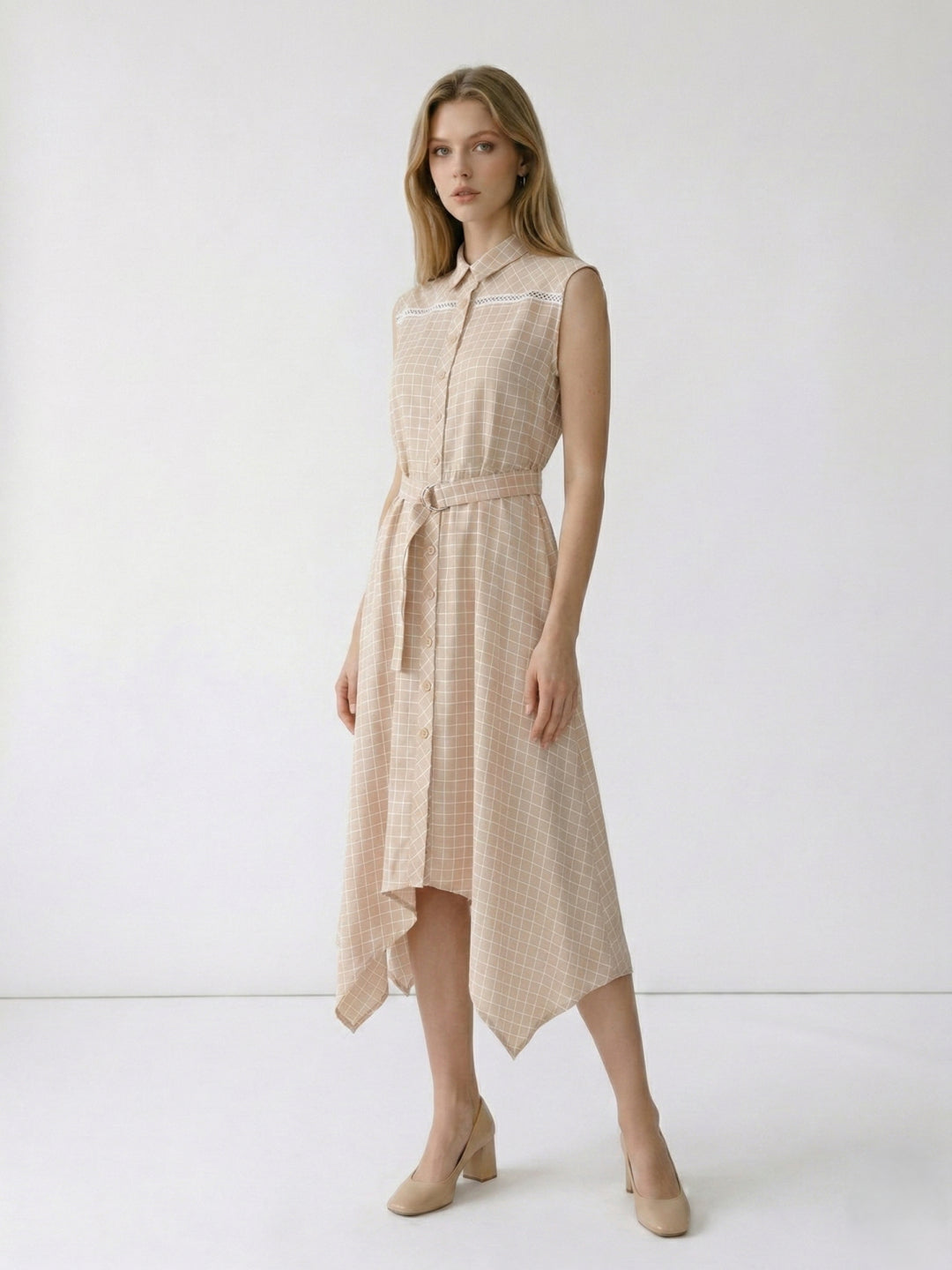 Elle Women Beige Checked Flared Fit Shirt Dress