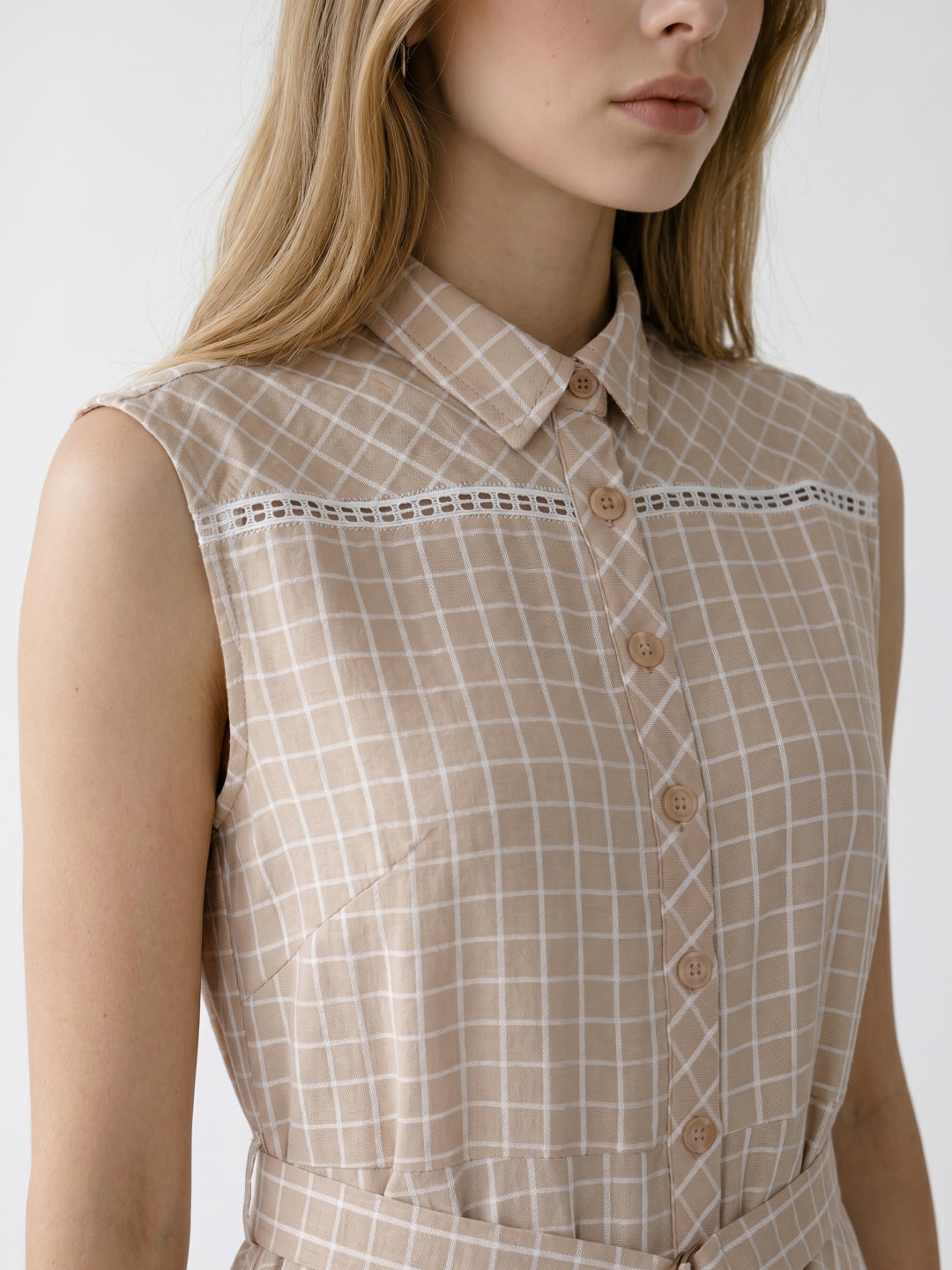 Elle Women Beige Checked Flared Fit Shirt Dress