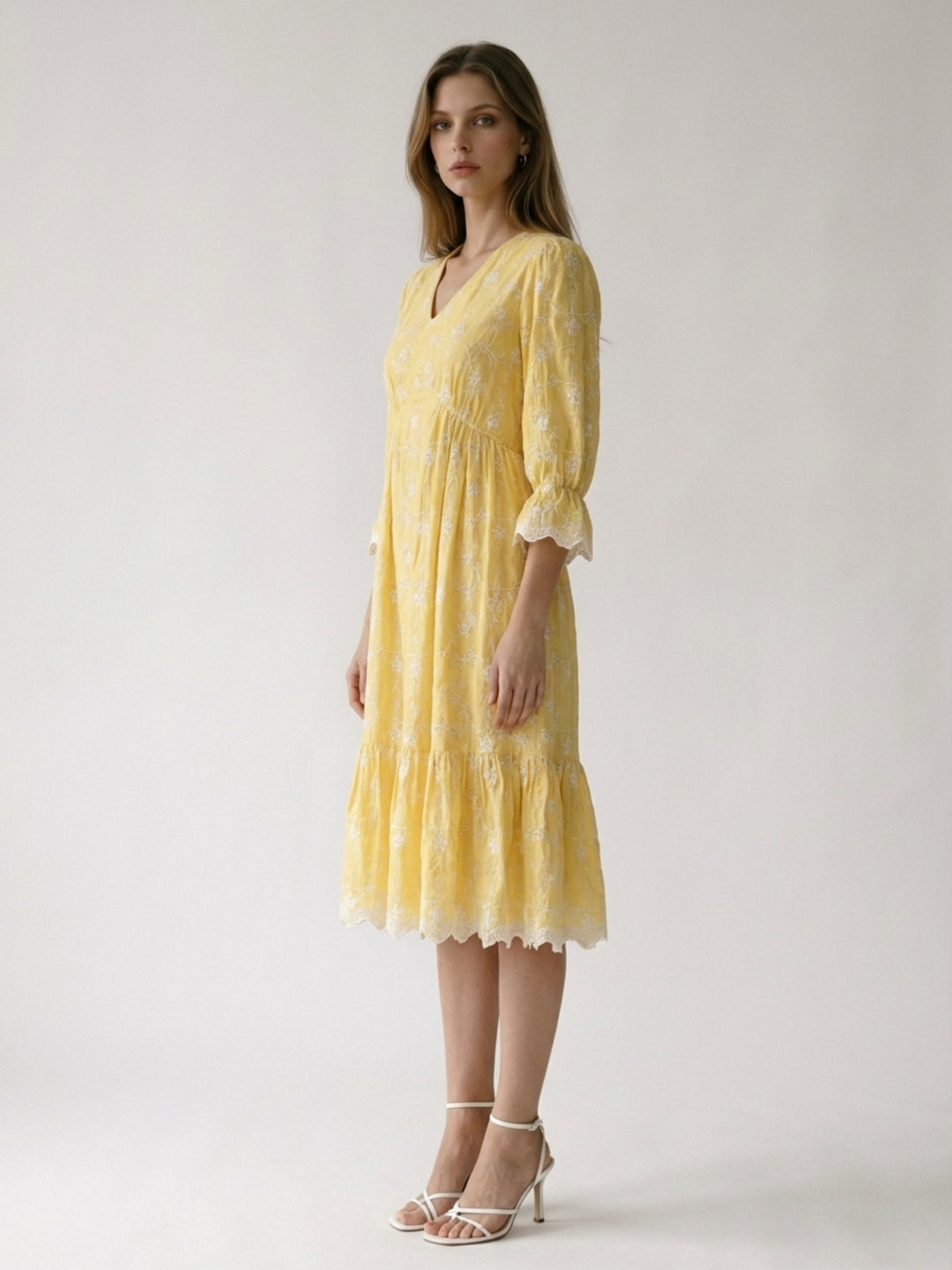 Elle Women Yellow Embroidered Flared Fit Dress