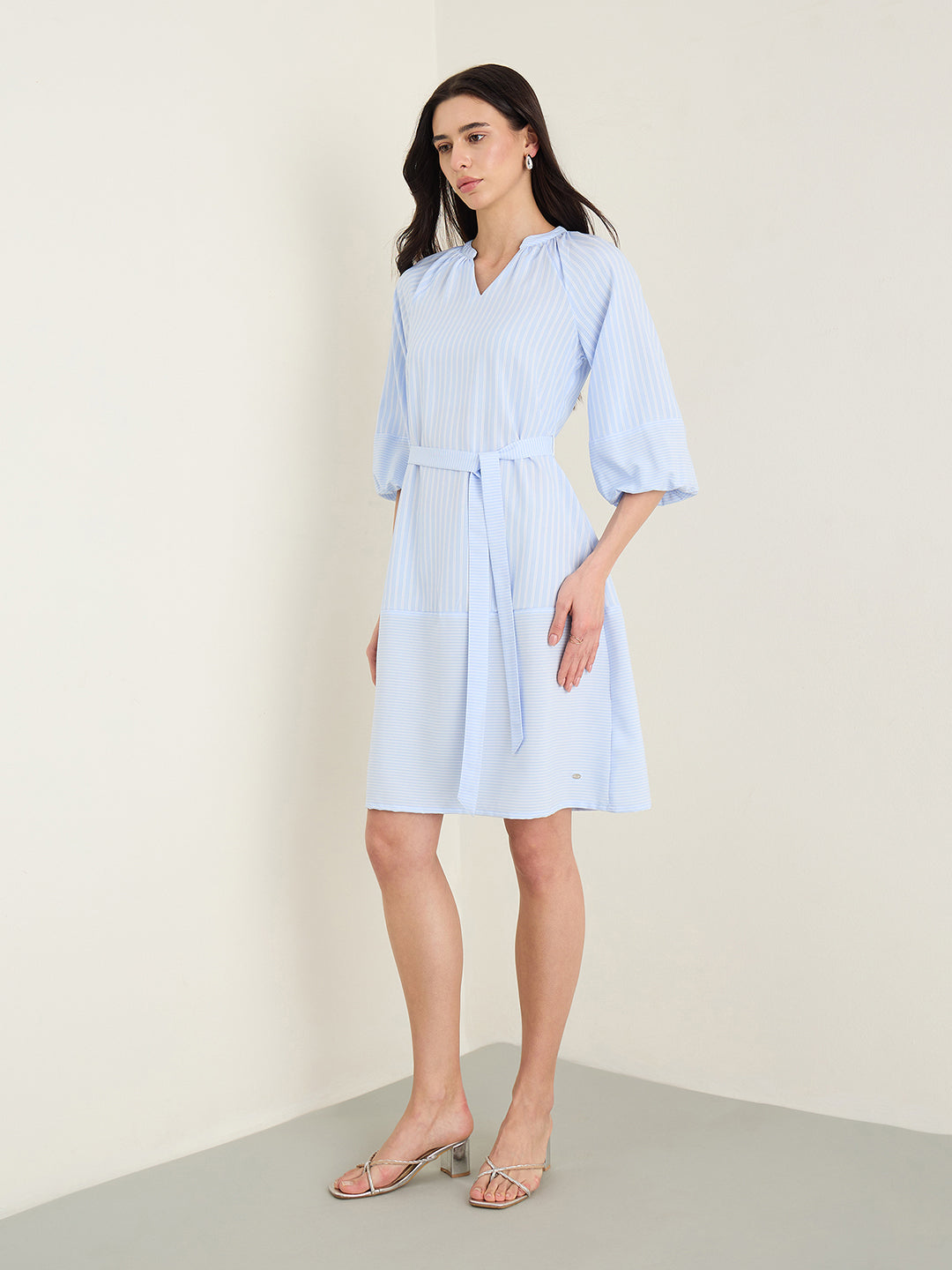 ELLE Women Blue Striped Mandarin Collar Dress