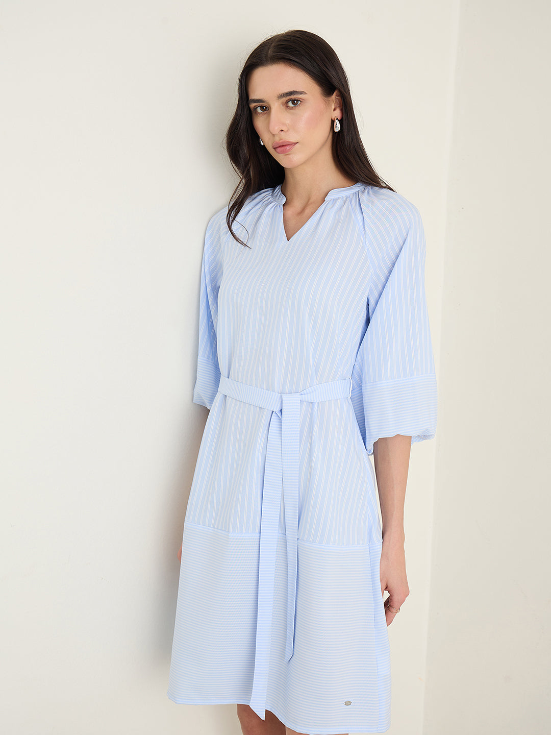 ELLE Women Blue Striped Mandarin Collar Dress