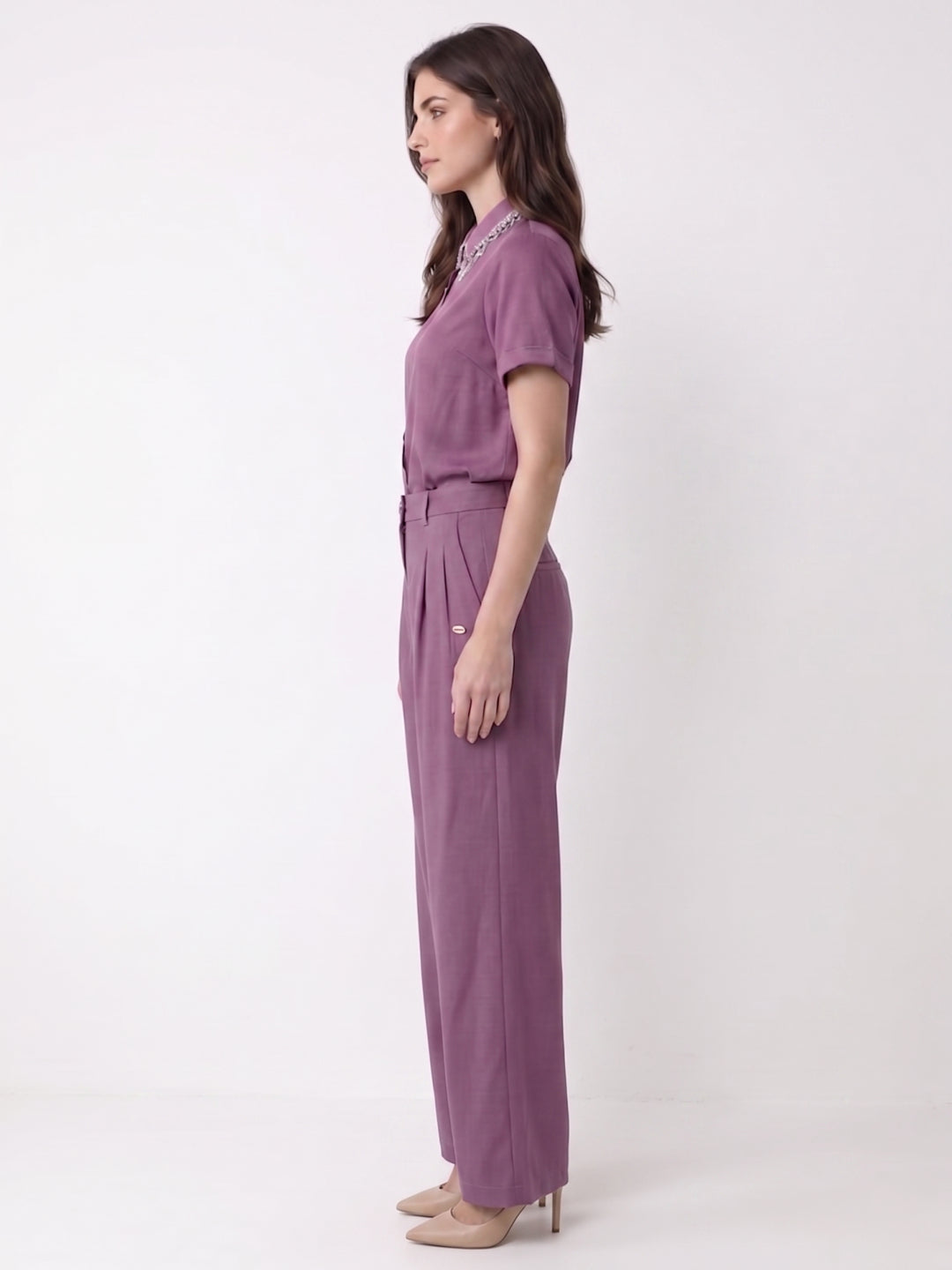 Elle Women Purple Flared Fit High Rise Trousers