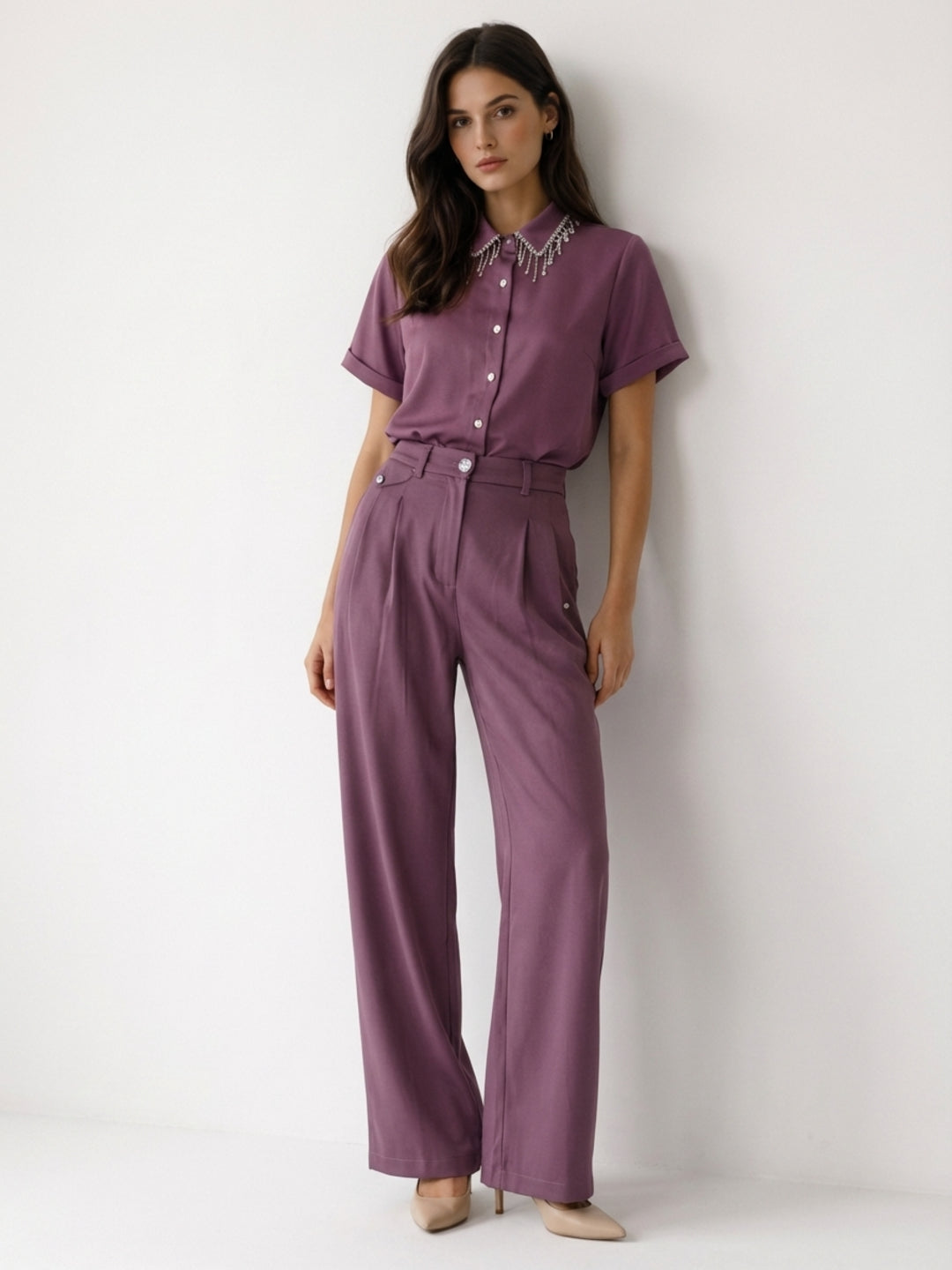 Elle Women Purple Flared Fit High Rise Trousers