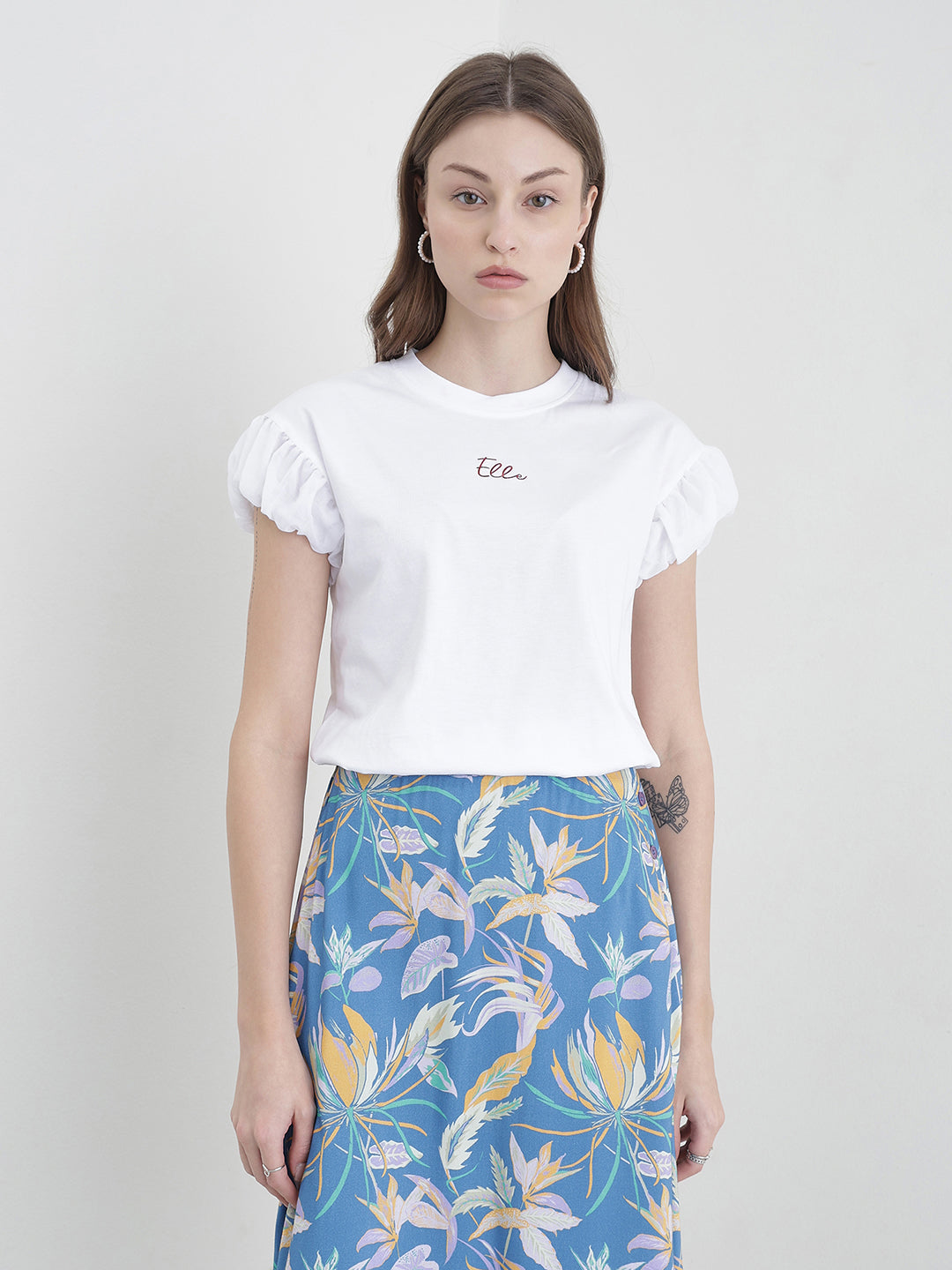 Elle Women White Solid Relaxed Fit Pure Cotton T-Shirt