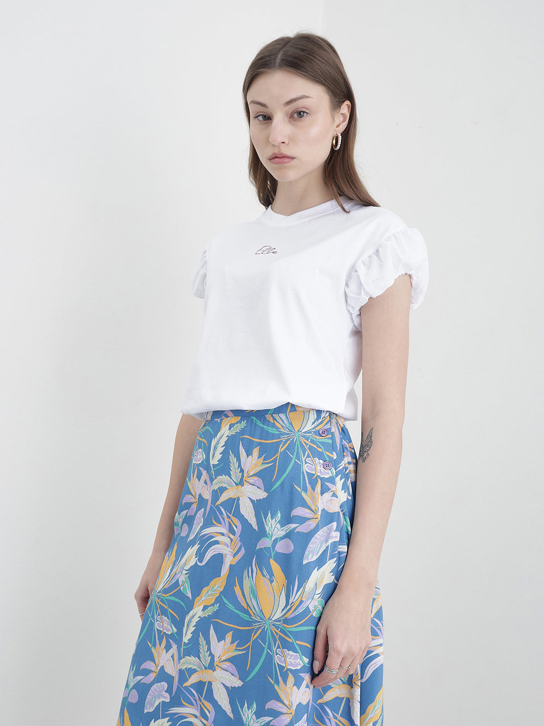 Elle Women White Solid Relaxed Fit Pure Cotton T-Shirt