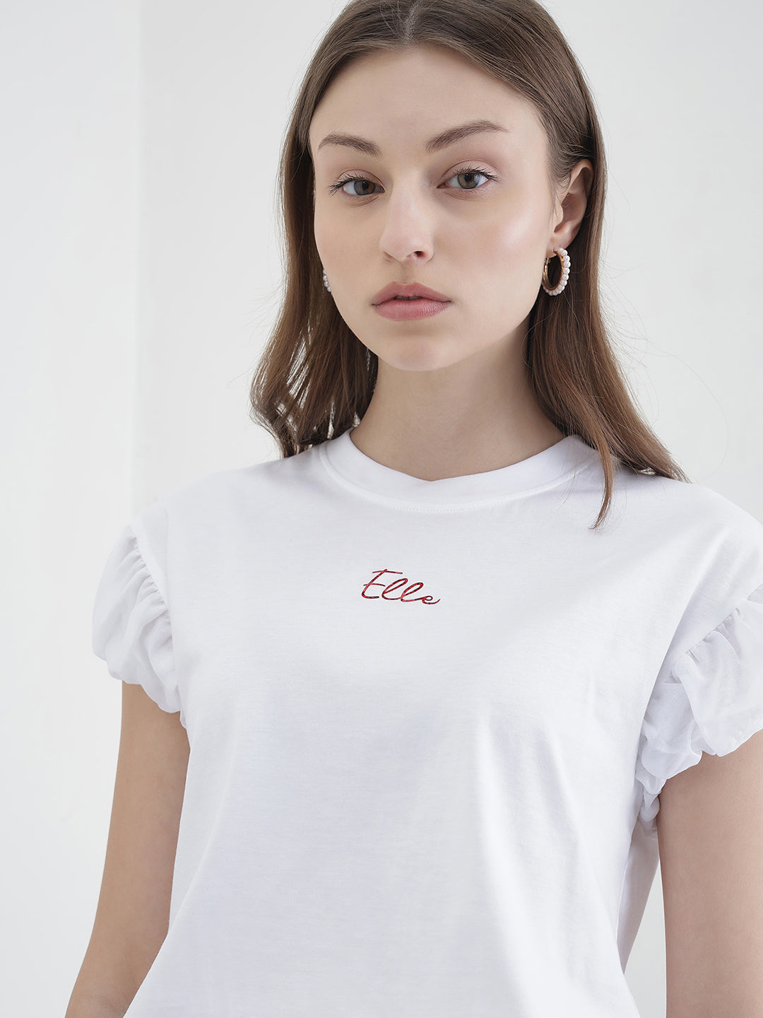 Elle Women White Solid Relaxed Fit Pure Cotton T-Shirt