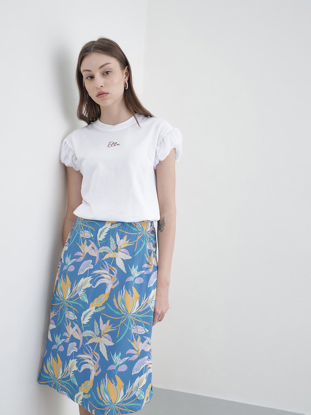 Elle Women White Solid Relaxed Fit Pure Cotton T-Shirt
