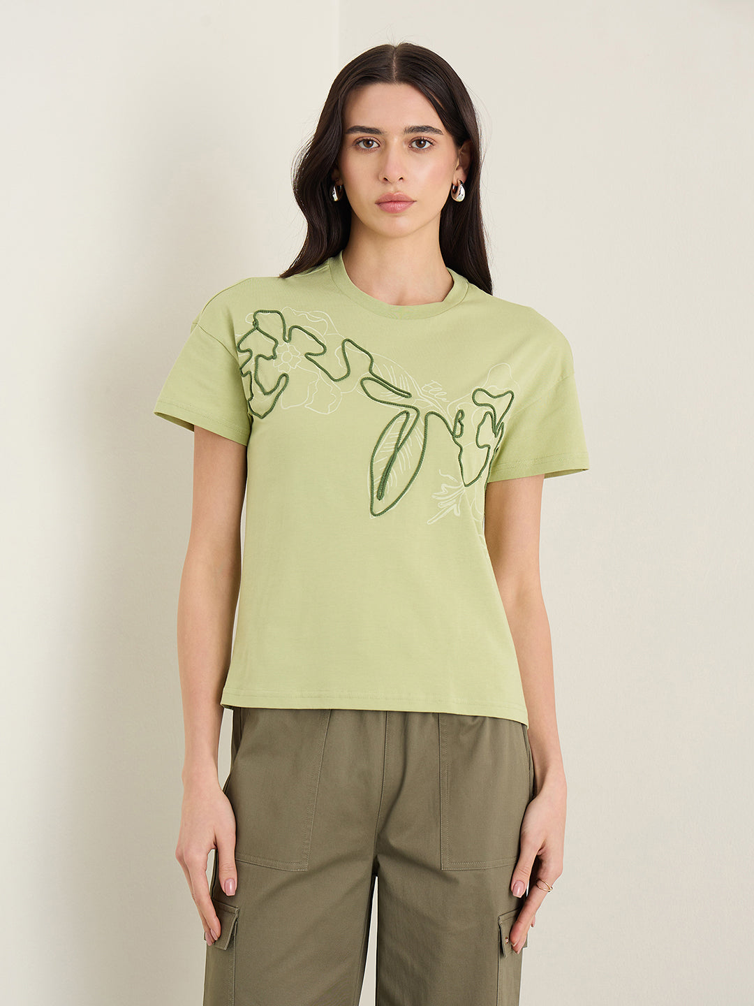 Elle Women Olive Green Printed Boxy Fit Pure Cotton T-Shirt