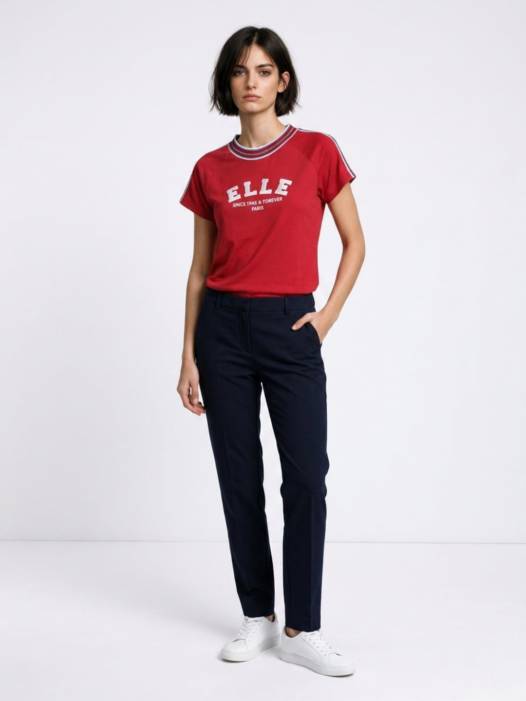 Elle Red Cotton Solid Women Tshirt