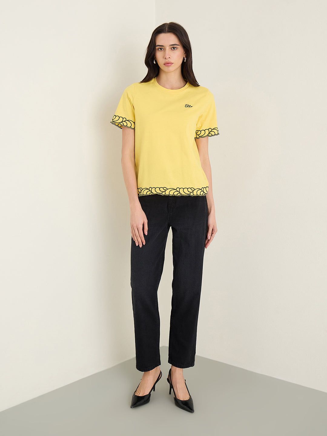 Elle Women Yellow Solid Relaxed Fit Pure Cotton T-Shirt