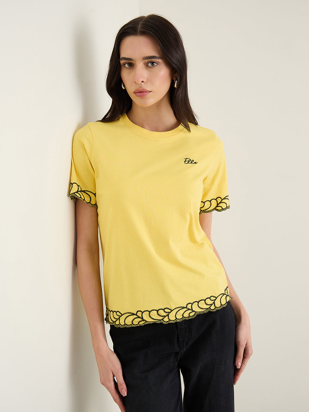 Elle Women Yellow Solid Relaxed Fit Pure Cotton T-Shirt