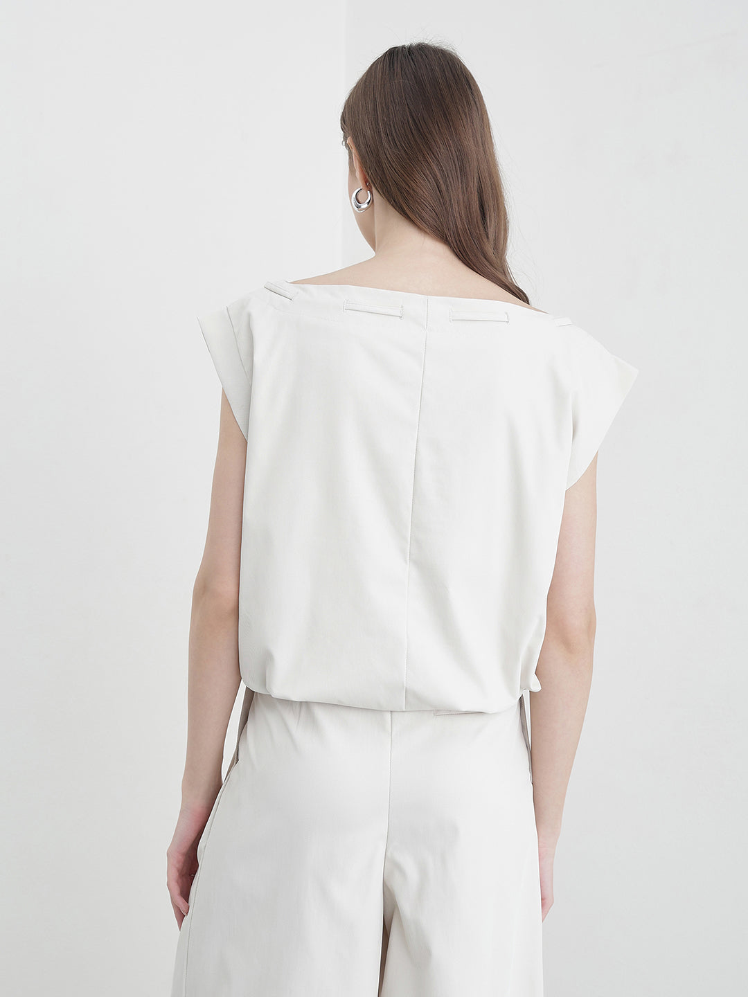Elle Women Cream Solid Relaxed Fit Top