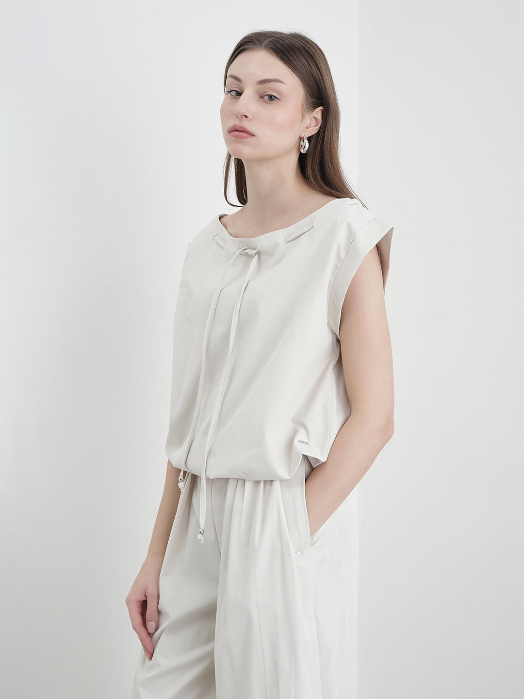 Elle Women Cream Solid Relaxed Fit Top