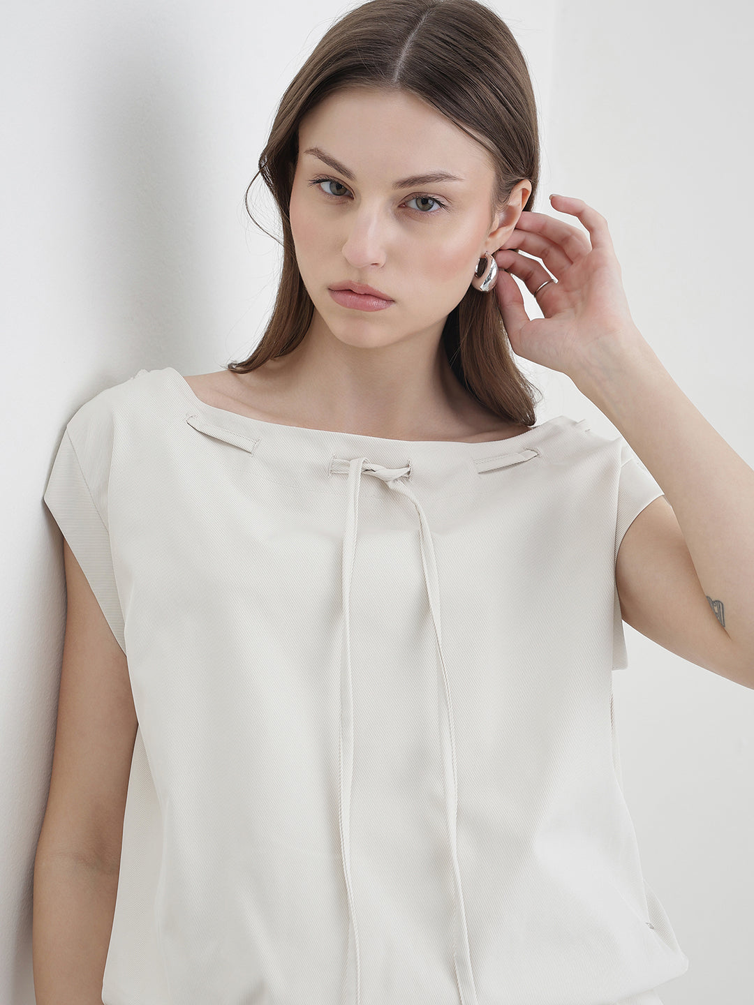 Elle Women Cream Solid Relaxed Fit Top
