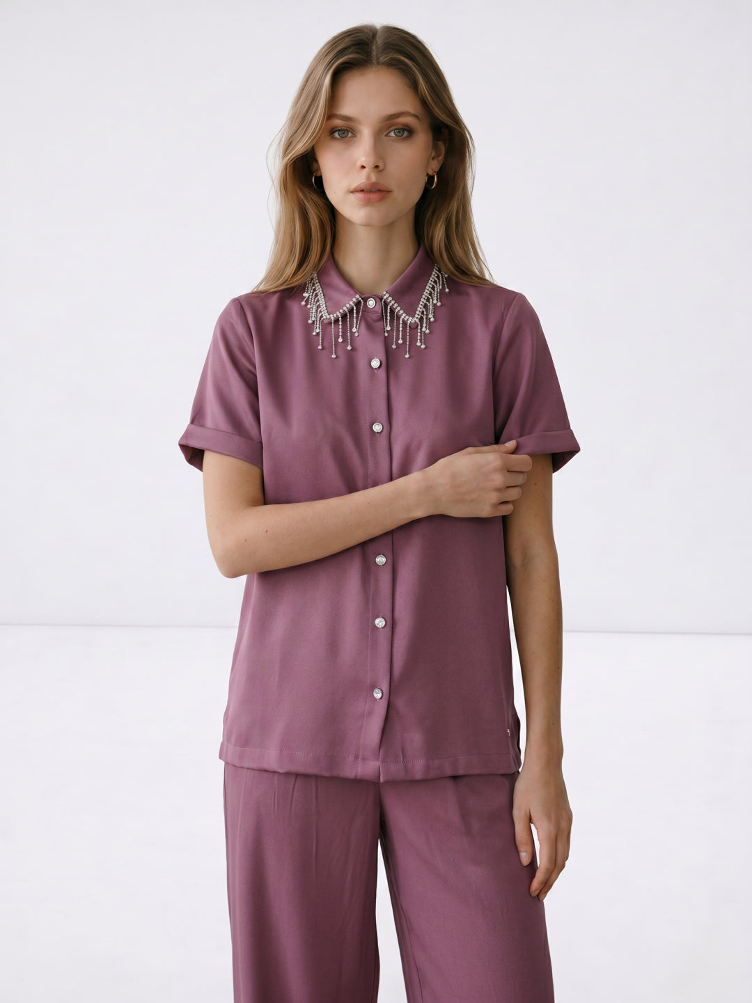 Elle Women Purple Beaded Shirt