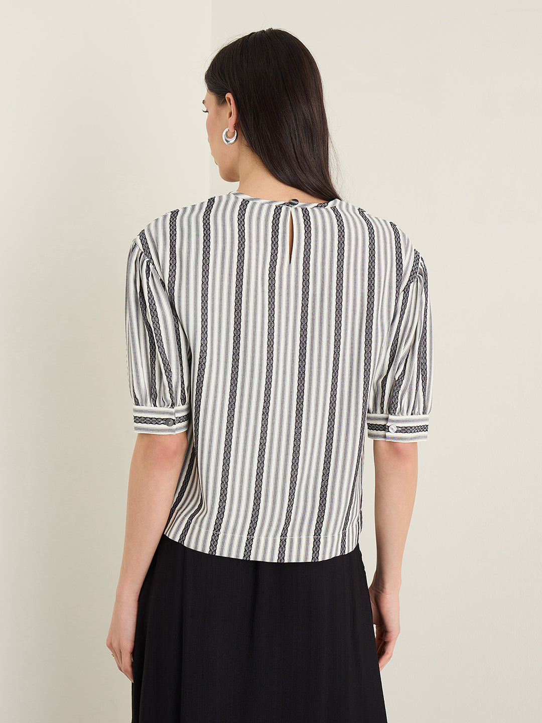 Elle Women White Striped Relaxed Fit Top
