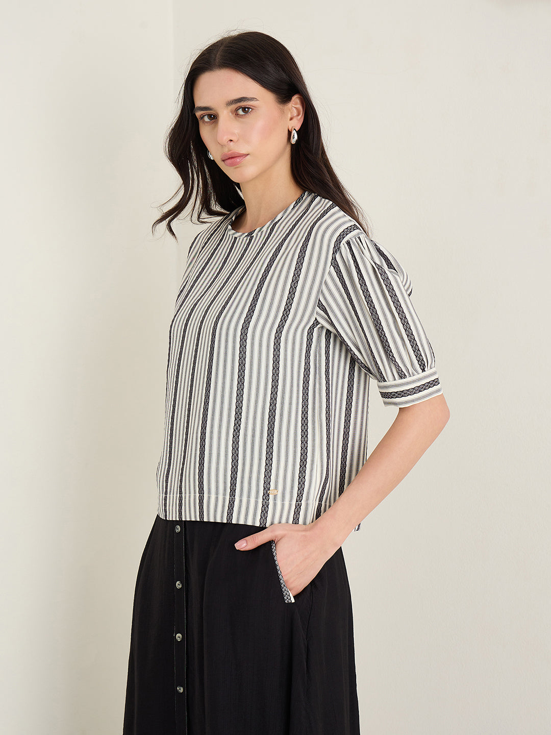 Elle Women White Striped Relaxed Fit Top