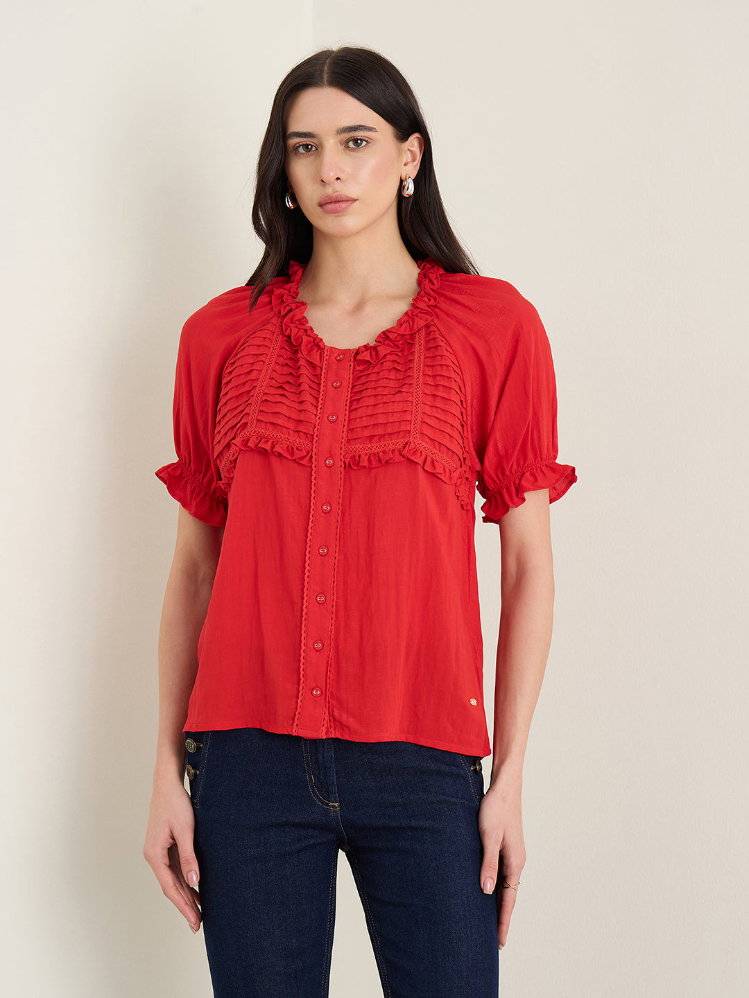 Elle Women Red Solid Relaxed Fit Top
