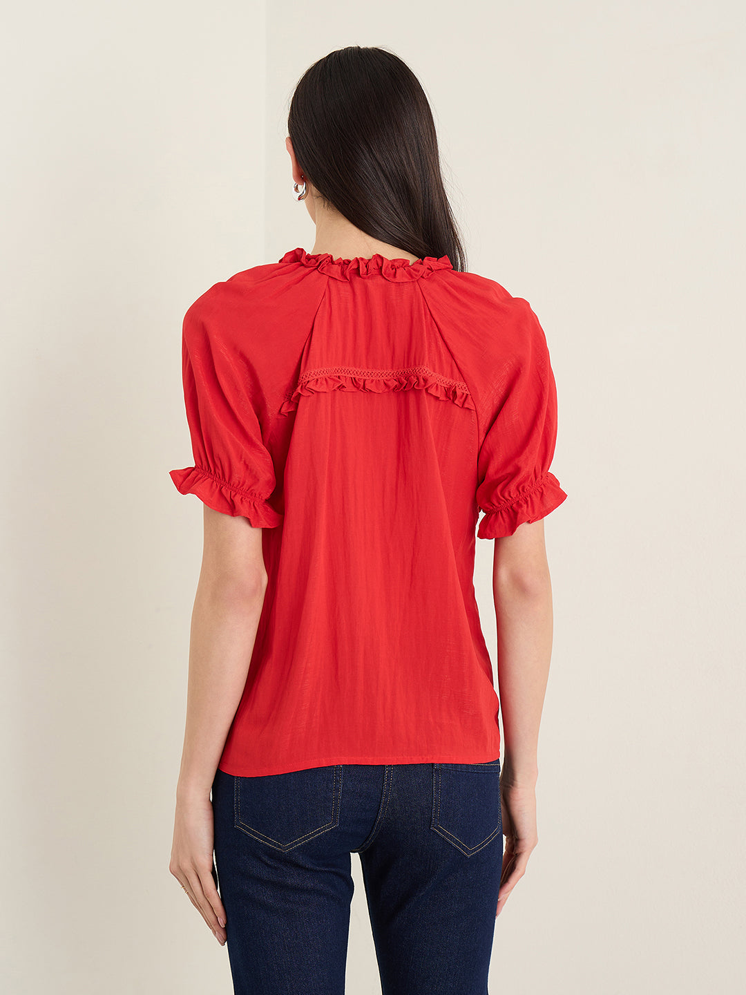 Elle Women Red Solid Relaxed Fit Top