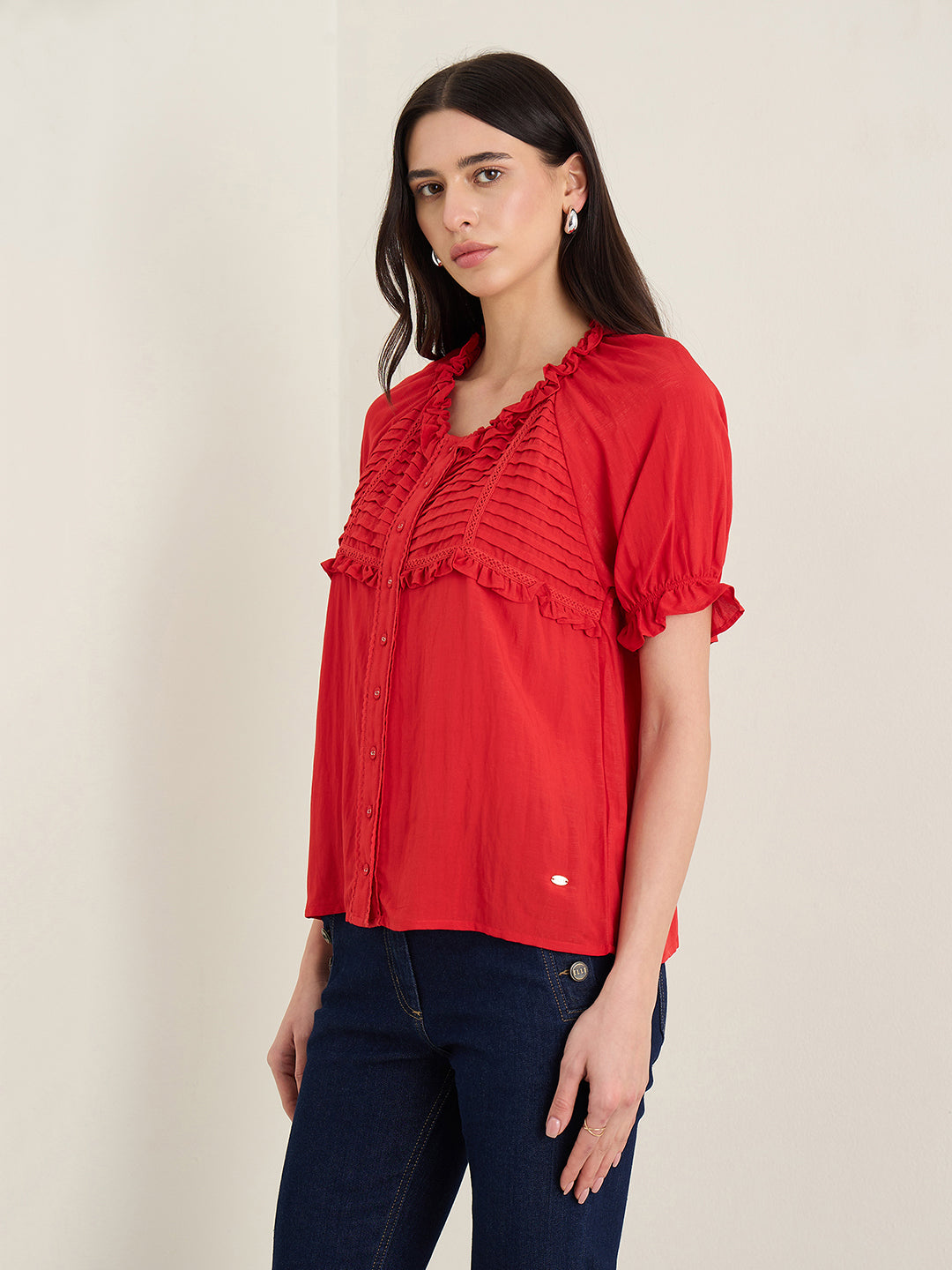 Elle Women Red Solid Relaxed Fit Top