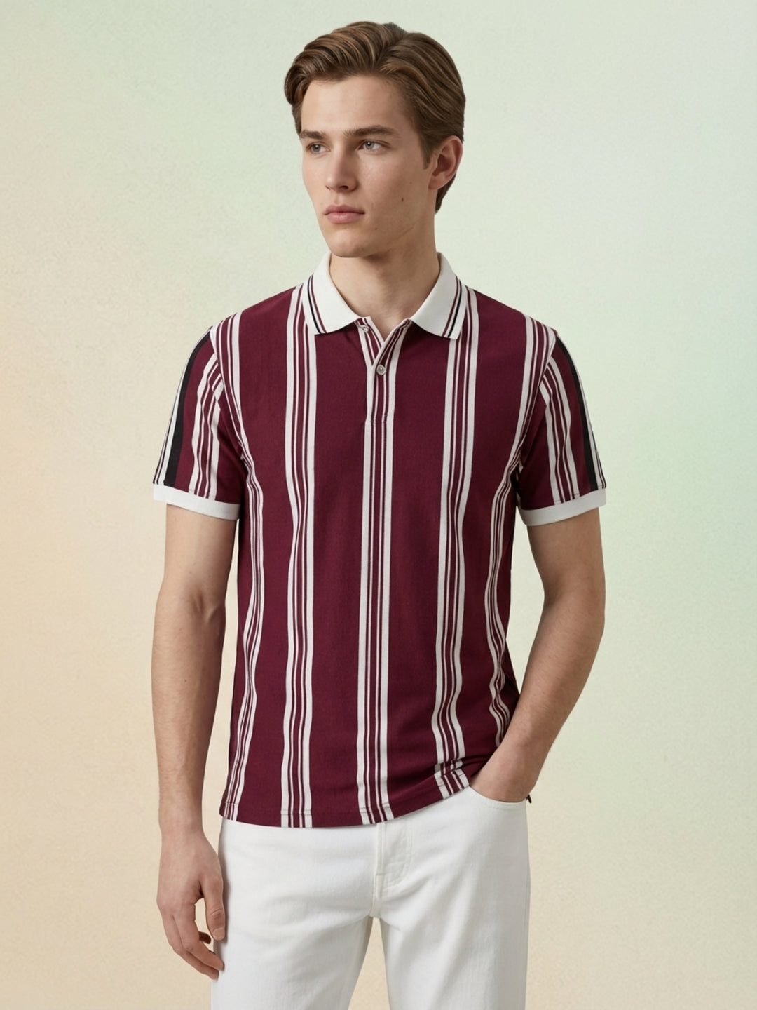 Iconic Men Maroon Striped Polo T-Shirt