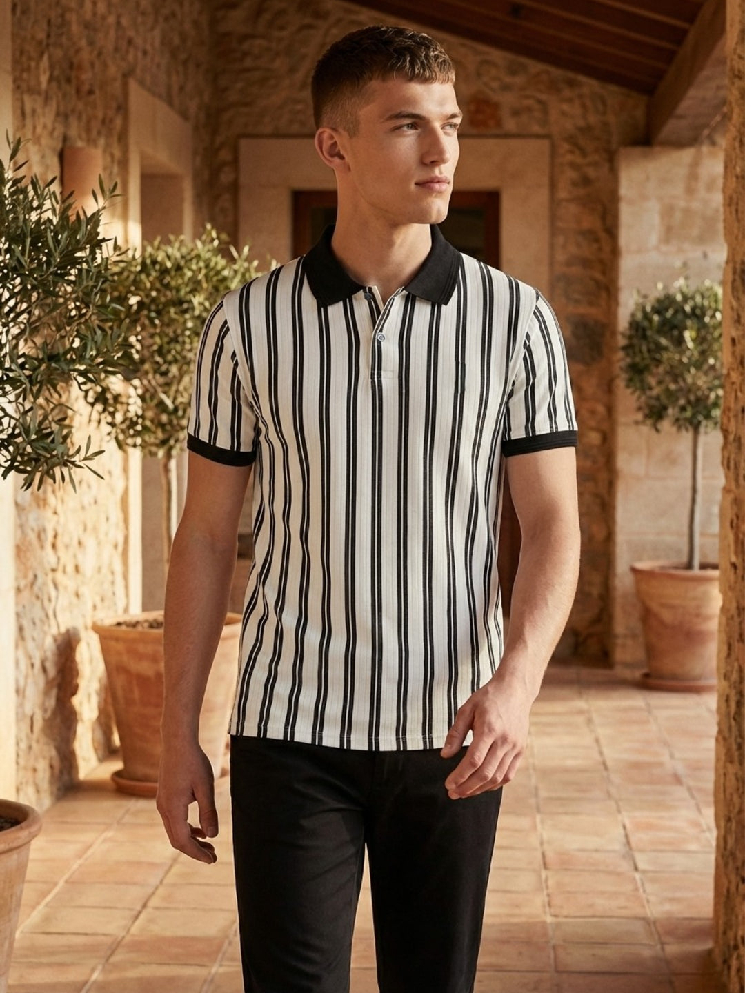 Iconic Men White Striped Polo T-Shirt
