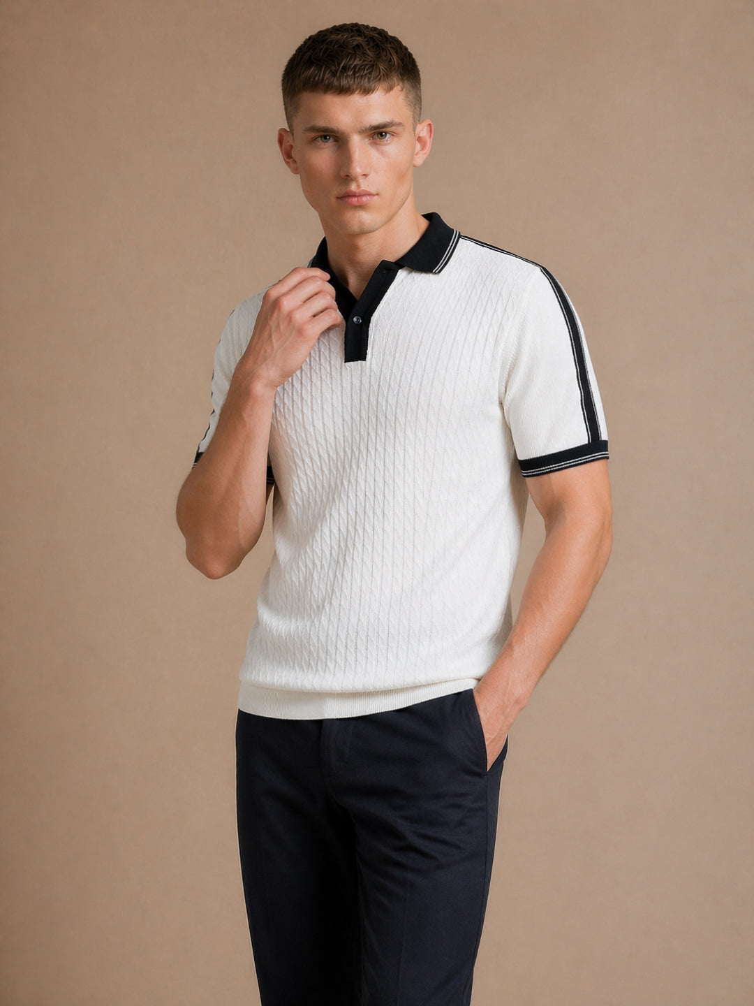 Iconic Men White Textured Regular Fit Pure Cotton Polo T-Shirt
