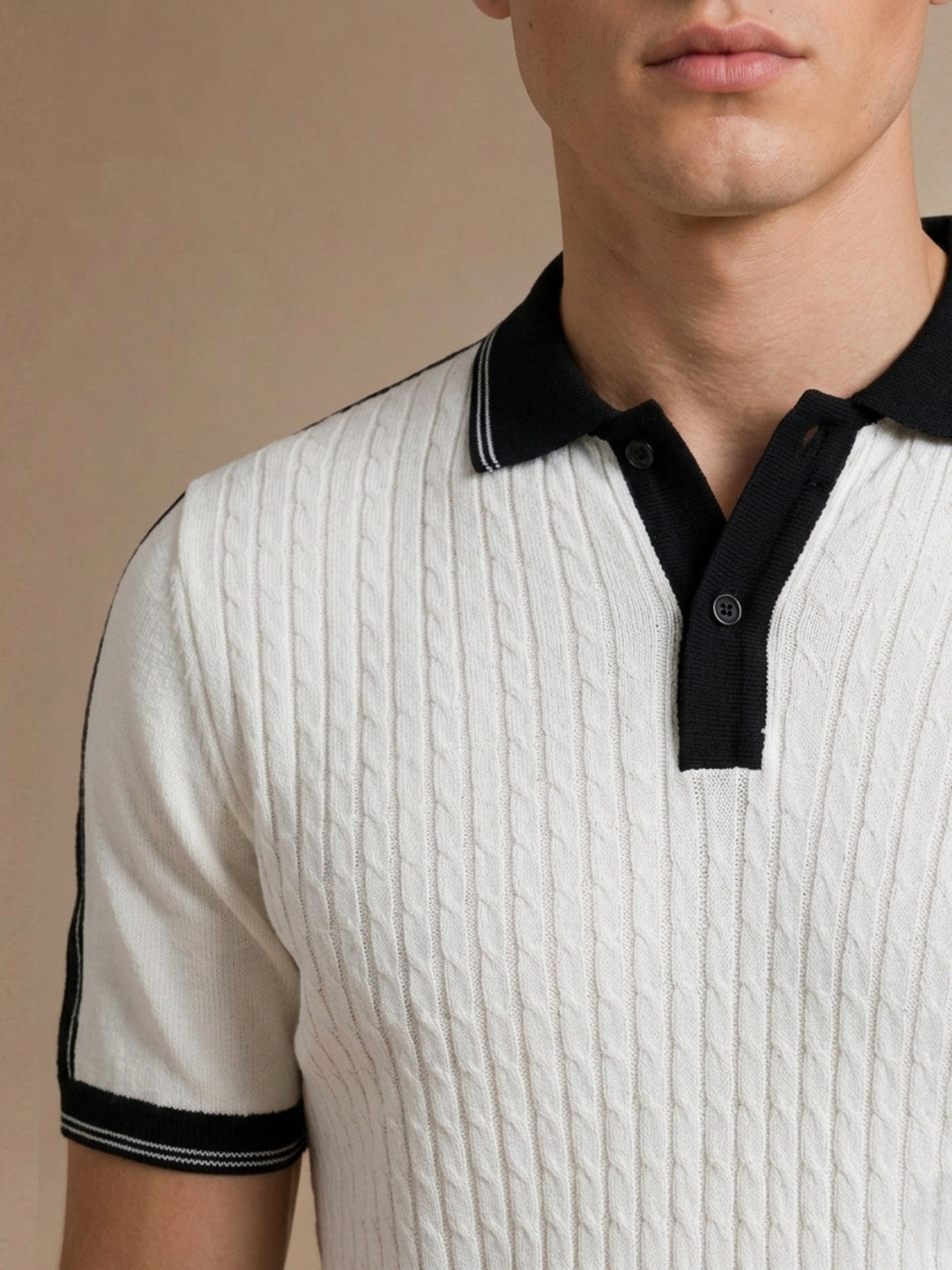 Iconic Men White Textured Regular Fit Pure Cotton Polo T-Shirt