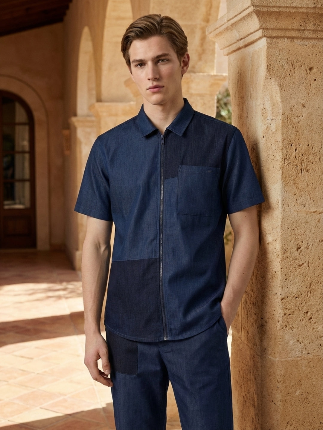 Iconic Men Navy Blue Colorblocked Shirt