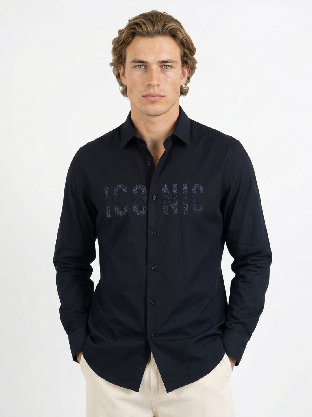 Iconic Men Black Graphic Cotton Shirt
