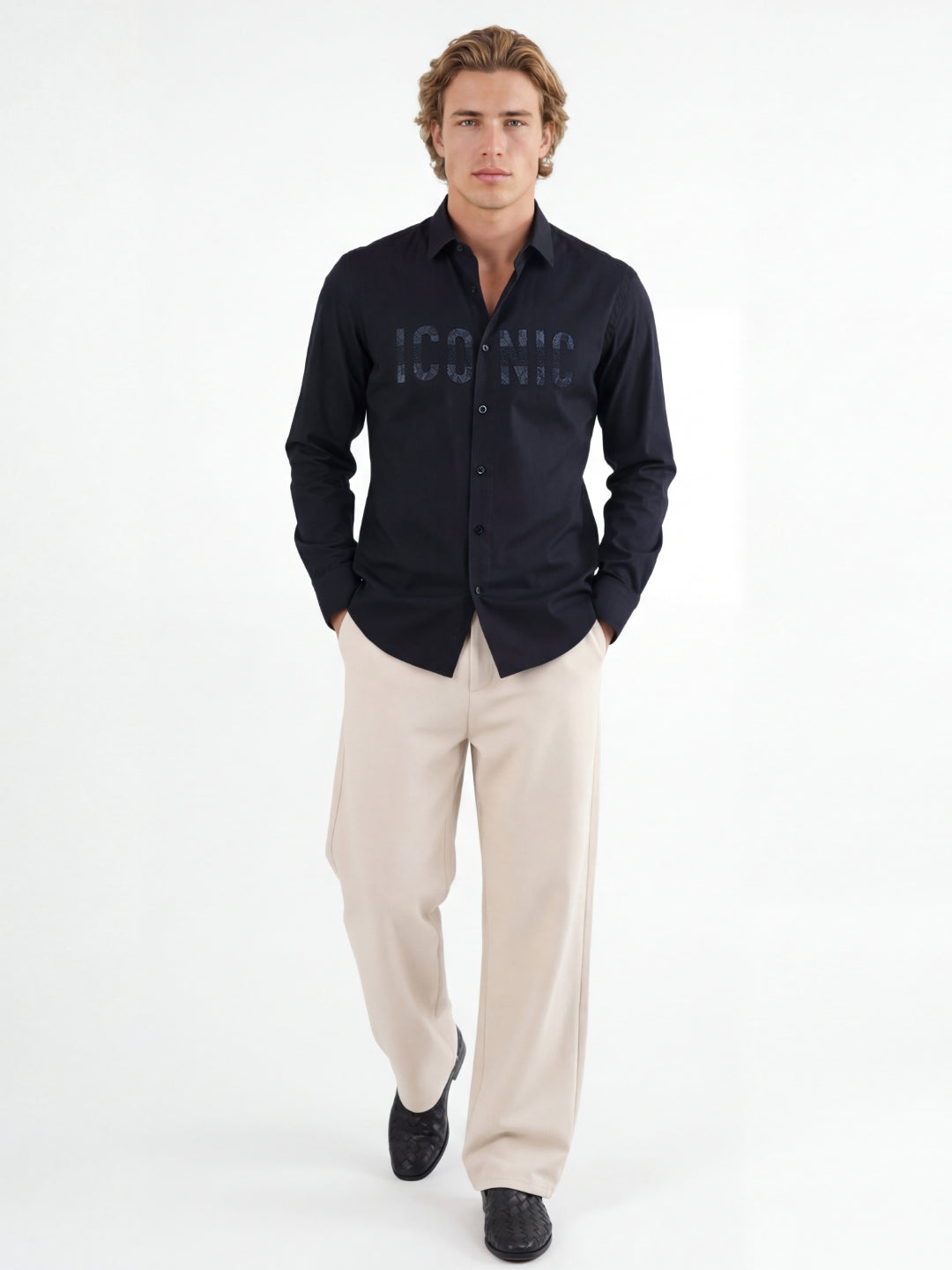 Iconic Men Black Graphic Cotton Shirt