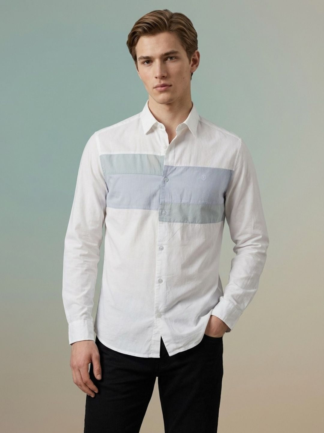 Iconic Men White Colorblock Regular Fit Pure Cotton Shirt