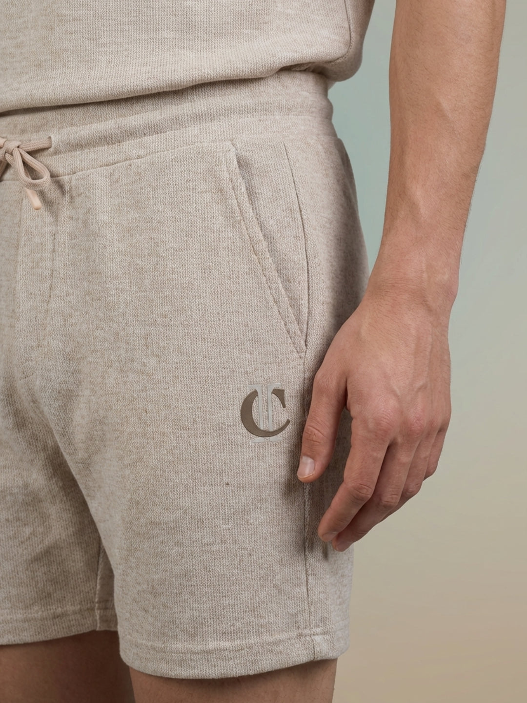 Iconic Men Beige Woven Design Mid Rise Shorts