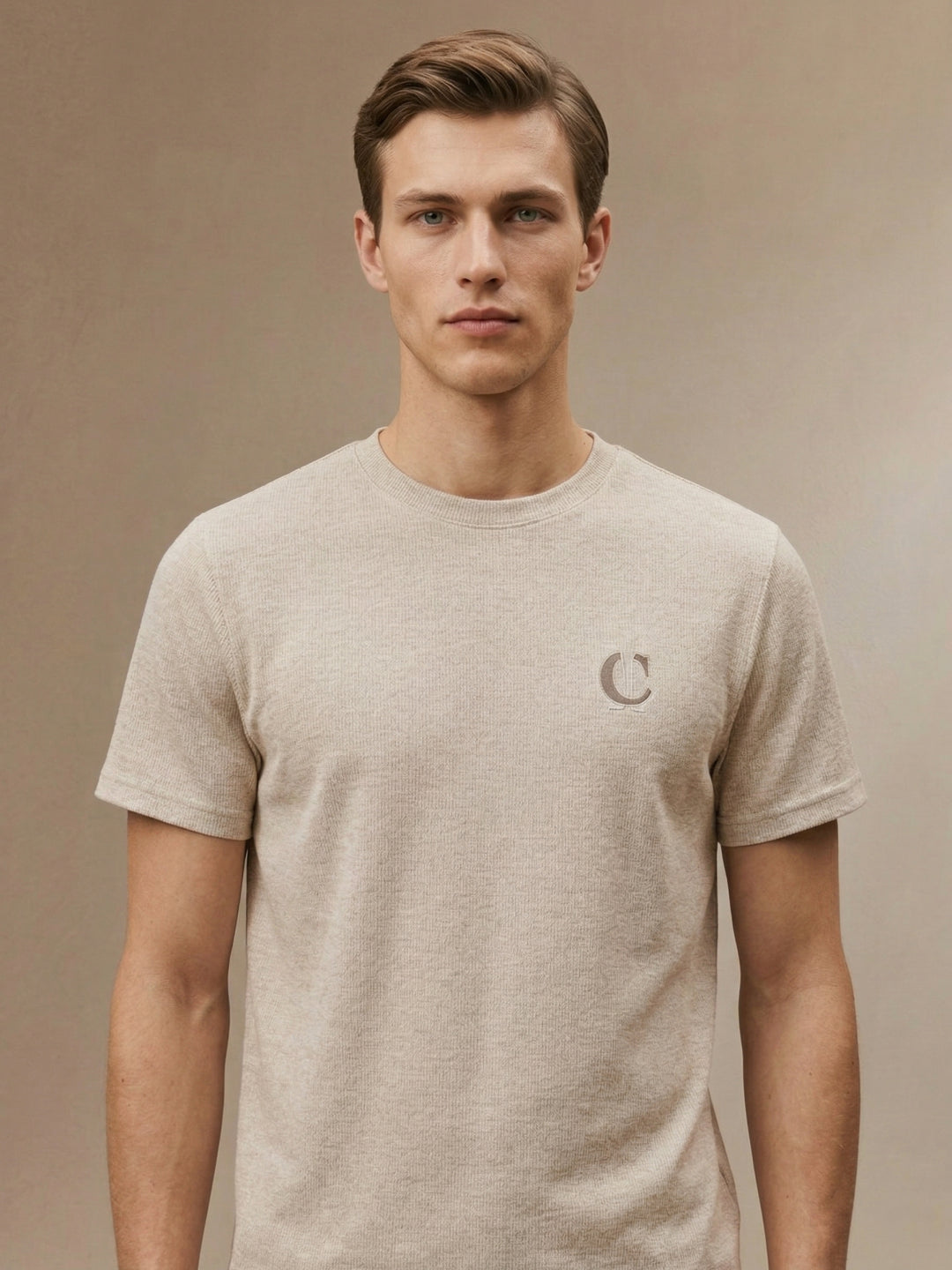 Iconic Men Beige Textured T-Shirt